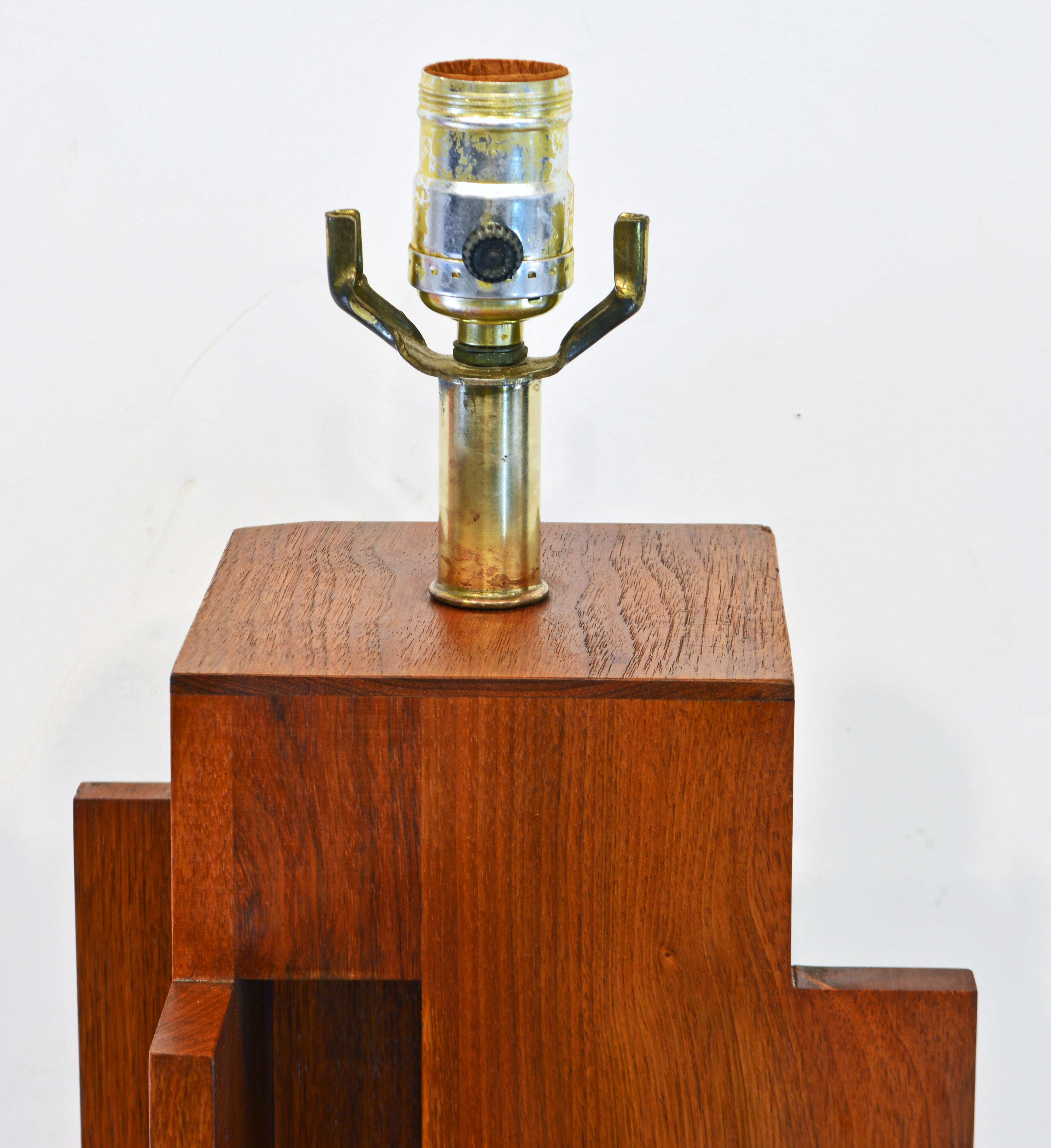 American Mid Century Architectural Geometric Teak Table Lamp on Solid Brass Base
