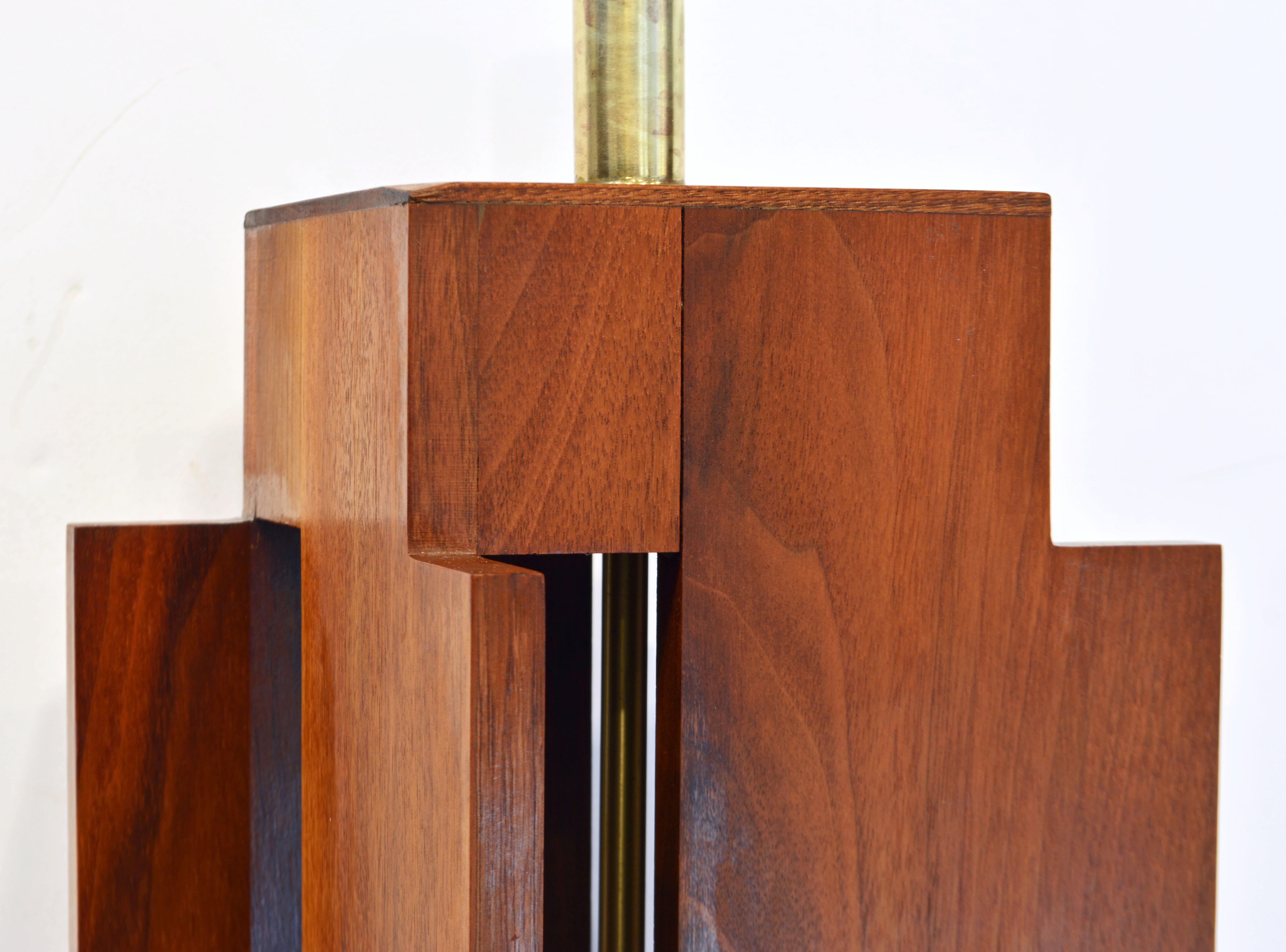 20th Century Mid Century Architectural Geometric Teak Table Lamp on Solid Brass Base