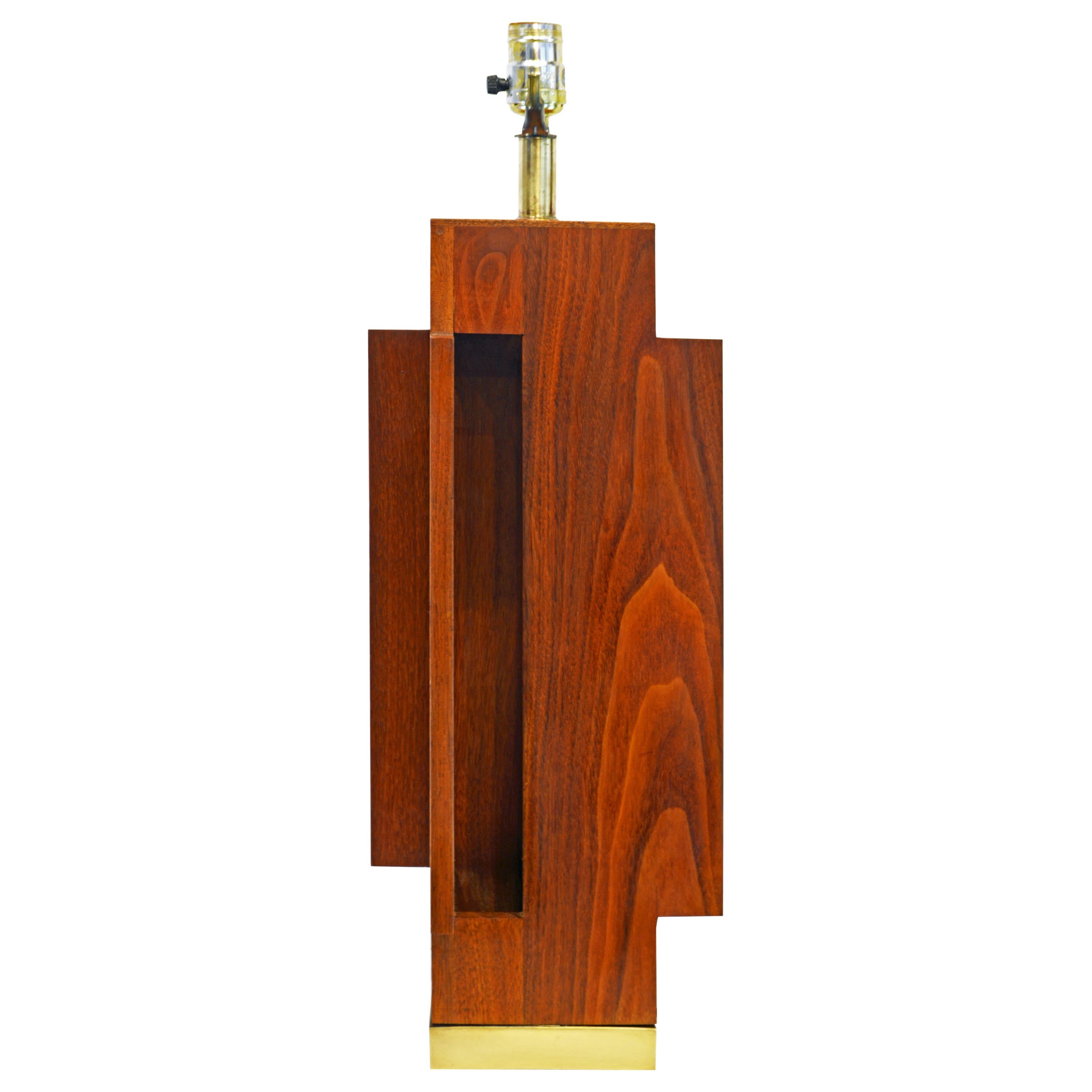 Mid Century Architectural Geometric Teak Table Lamp on Solid Brass Base