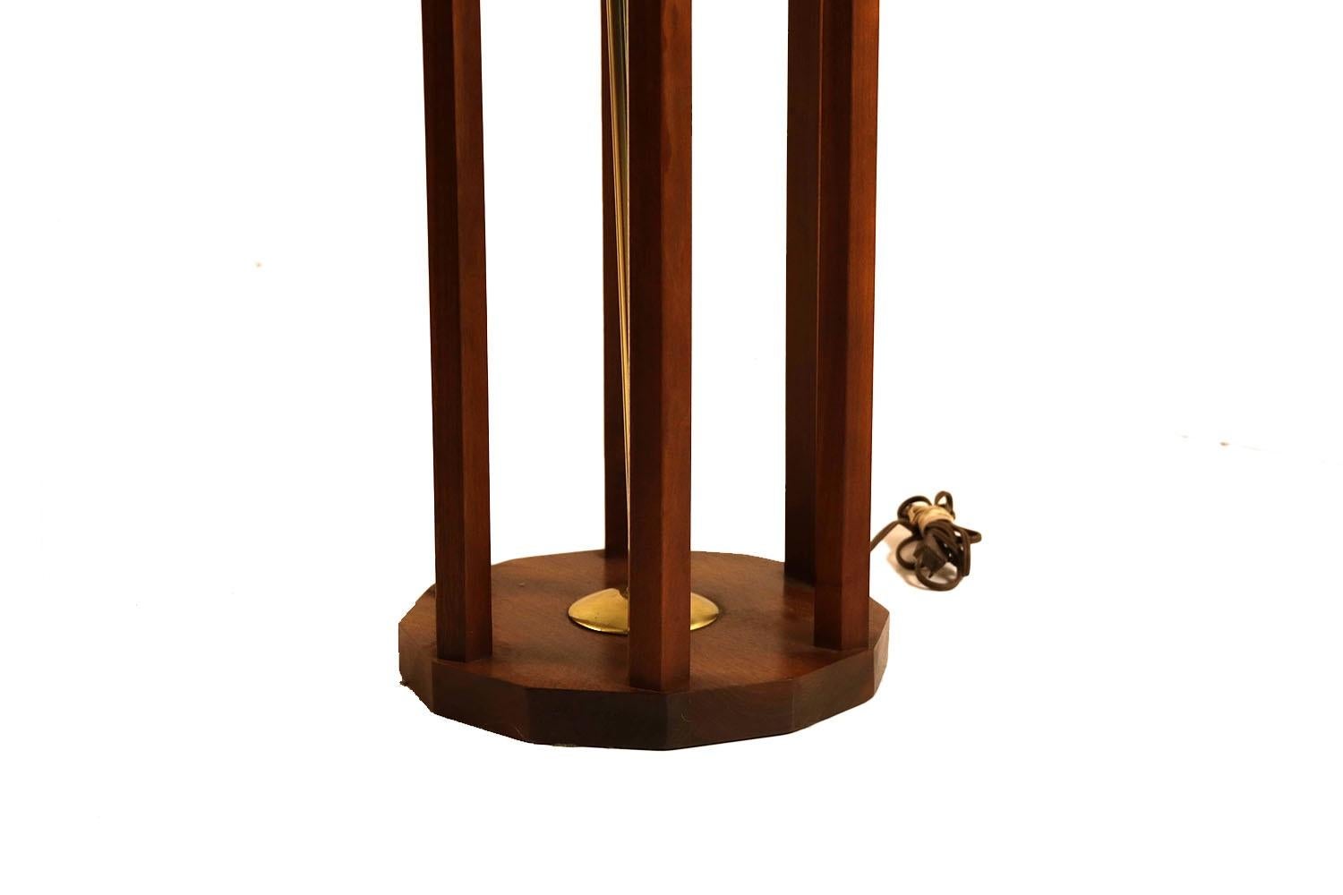 Retro walnut tall table/ floor and smoked Lucite lamp. A rare vintage walnut hexagon shaped tall table/ floor lamp with angled smoked Lucite shades. This unusual hexagon shaped lamp features six walnut angled upright supports that house angled