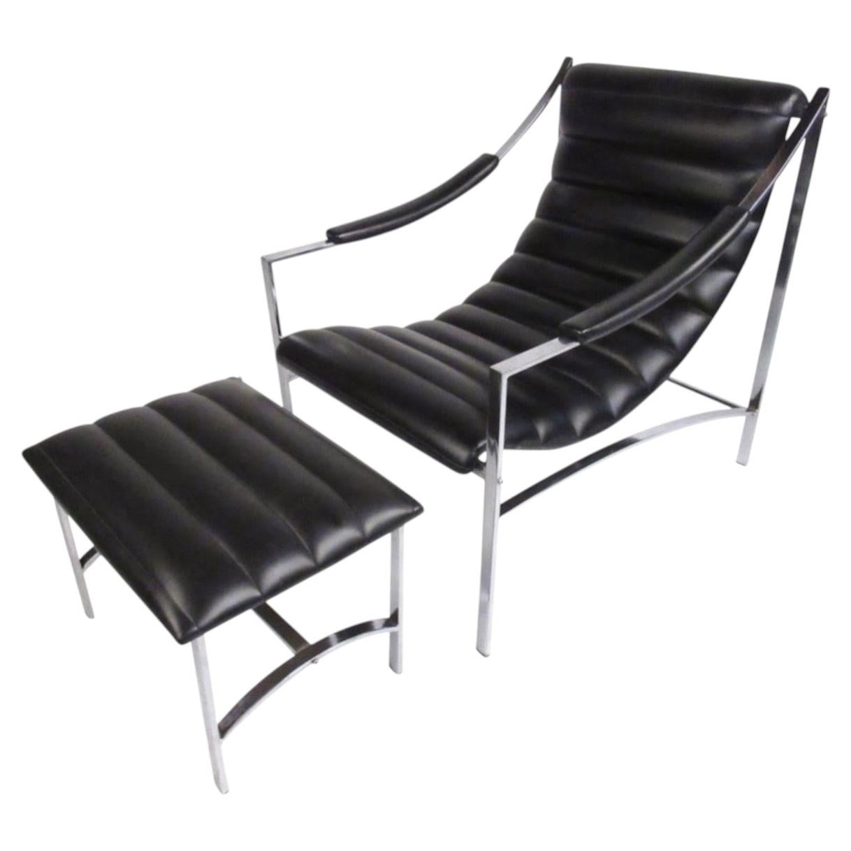 Mid Century "Arcus" Channel Tufted Leather Lounge Chair & Ottoman, Italy 1970's