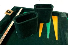 Mid-Century Aries Green & Gold Leather and Velvet Traveling Backgammon Set