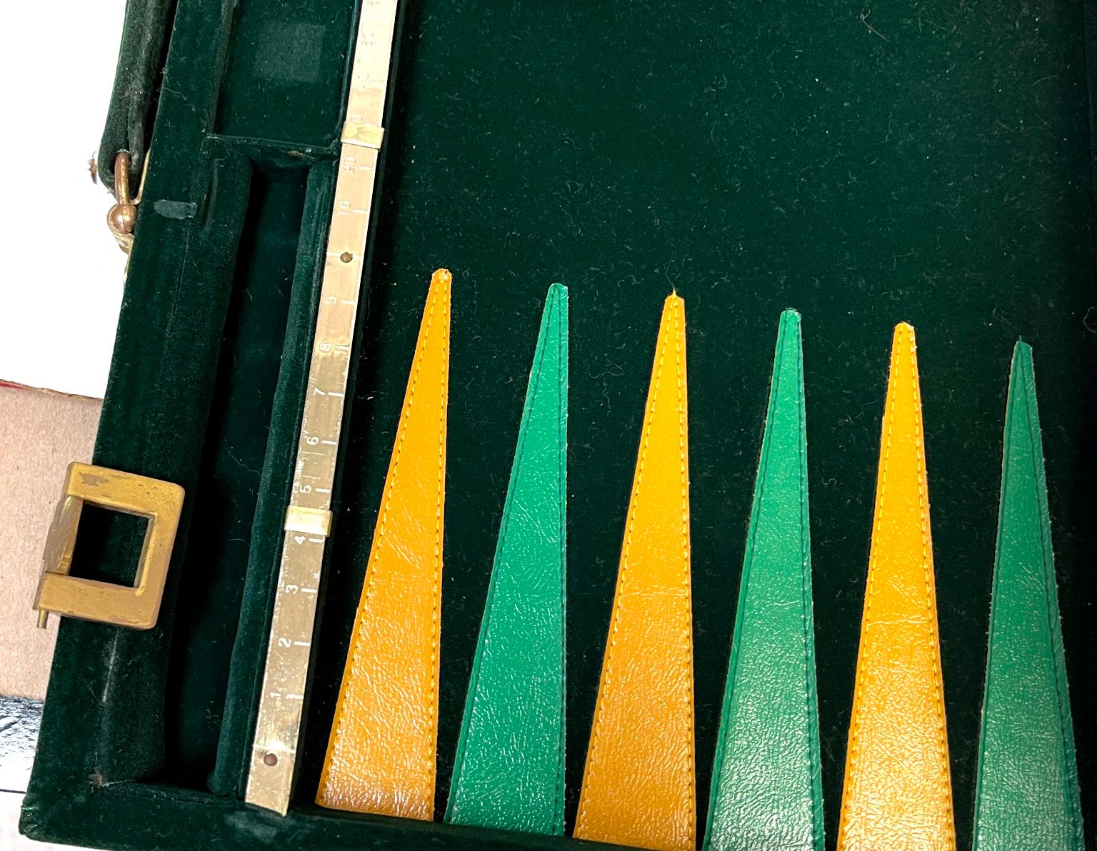 American Classical Mid-Century Aries Green & Gold Leather and Velvet Traveling Backgammon Set For Sale