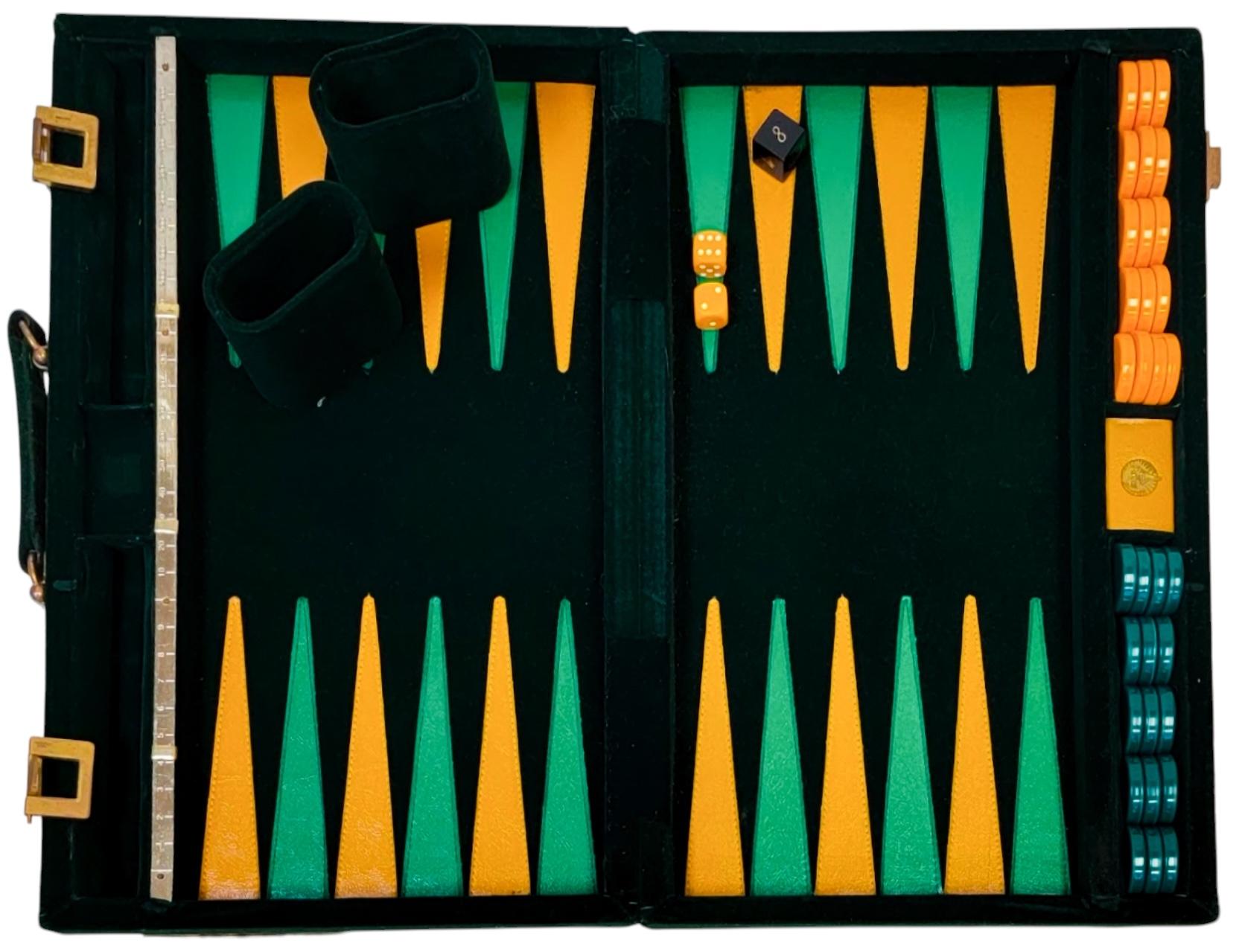 Mid-Century Aries Green & Gold Leather and Velvet Traveling Backgammon Set In Good Condition For Sale In Kennesaw, GA
