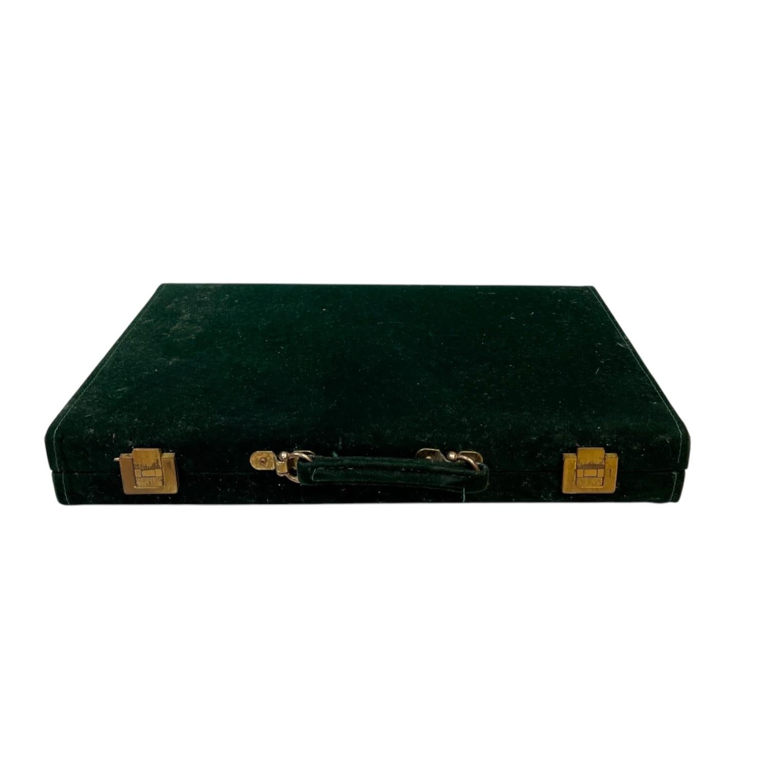 20th Century Mid-Century Aries Green & Gold Leather and Velvet Traveling Backgammon Set For Sale