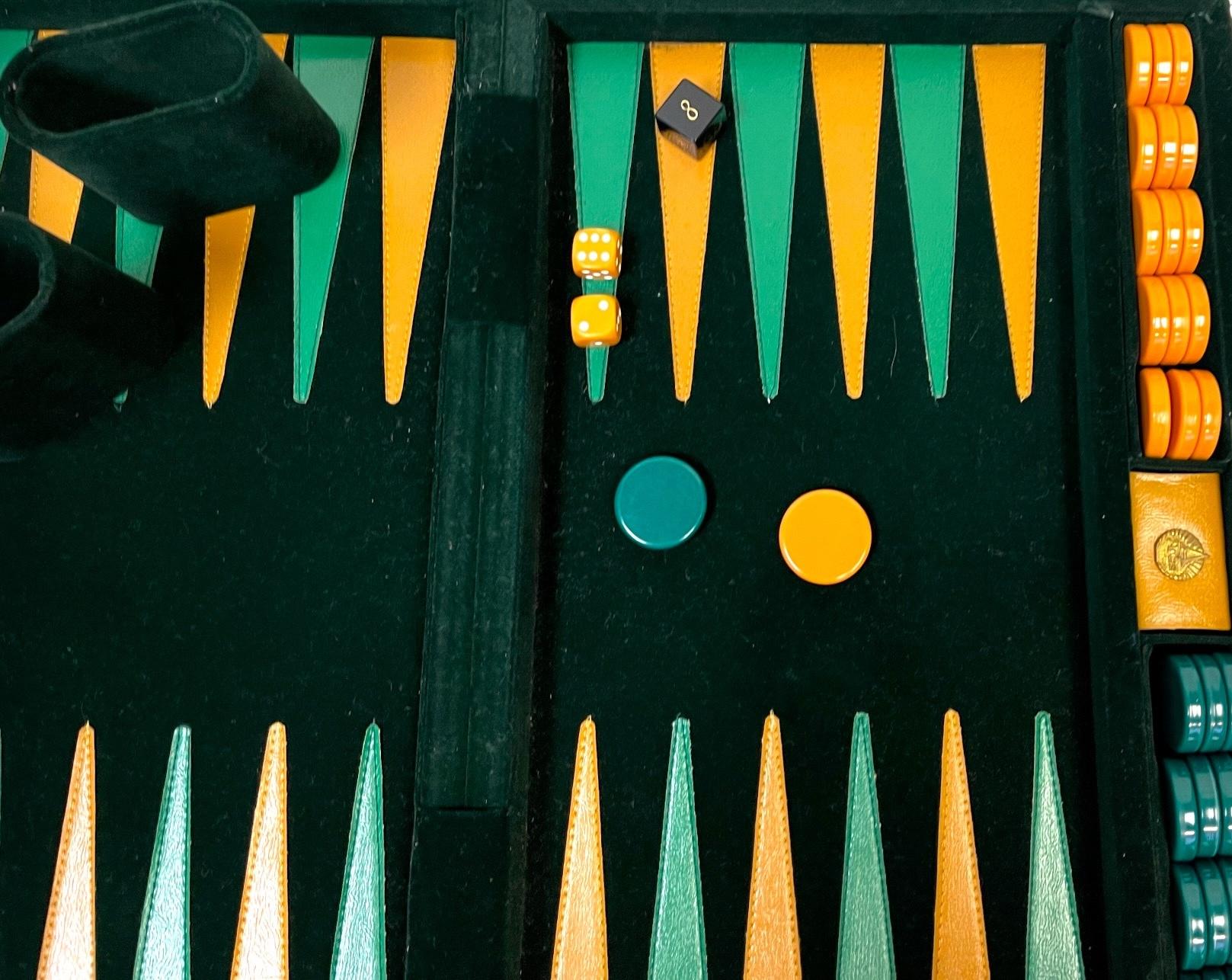 Brass Mid-Century Aries Green & Gold Leather and Velvet Traveling Backgammon Set For Sale
