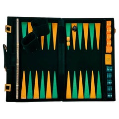 Mid-Century Aries Grün & Gold Leder und Samt Backgammon-Set für unterwegs