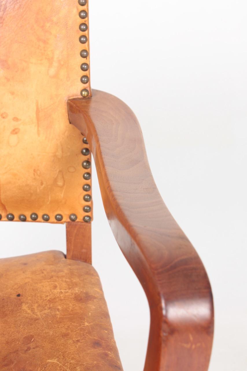 Scandinavian Midcentury Armchair in Patinated Niger Leather, Danish Design, 1940s