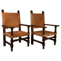 Mid Century Arm Chair Set Mexico, Leather w/ Scallop Detail