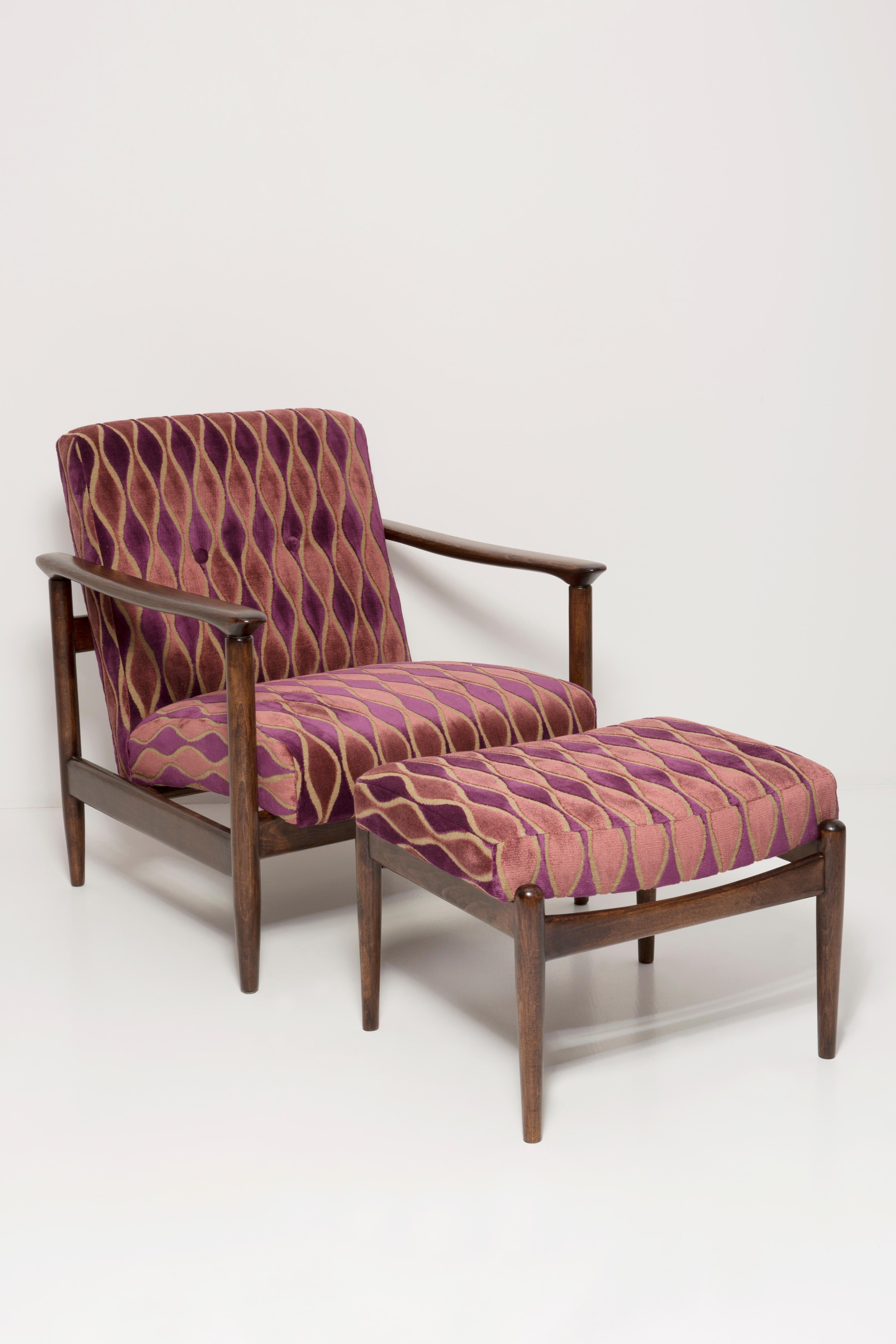 Beautiful pattern pink and violet velvet Armchair GFM-142, designed by Edmund Homa, a polish architect, designer of Industrial Design and interior architecture, professor at the Academy of Fine Arts in Gdansk. 

The armchair was made in the 1960s