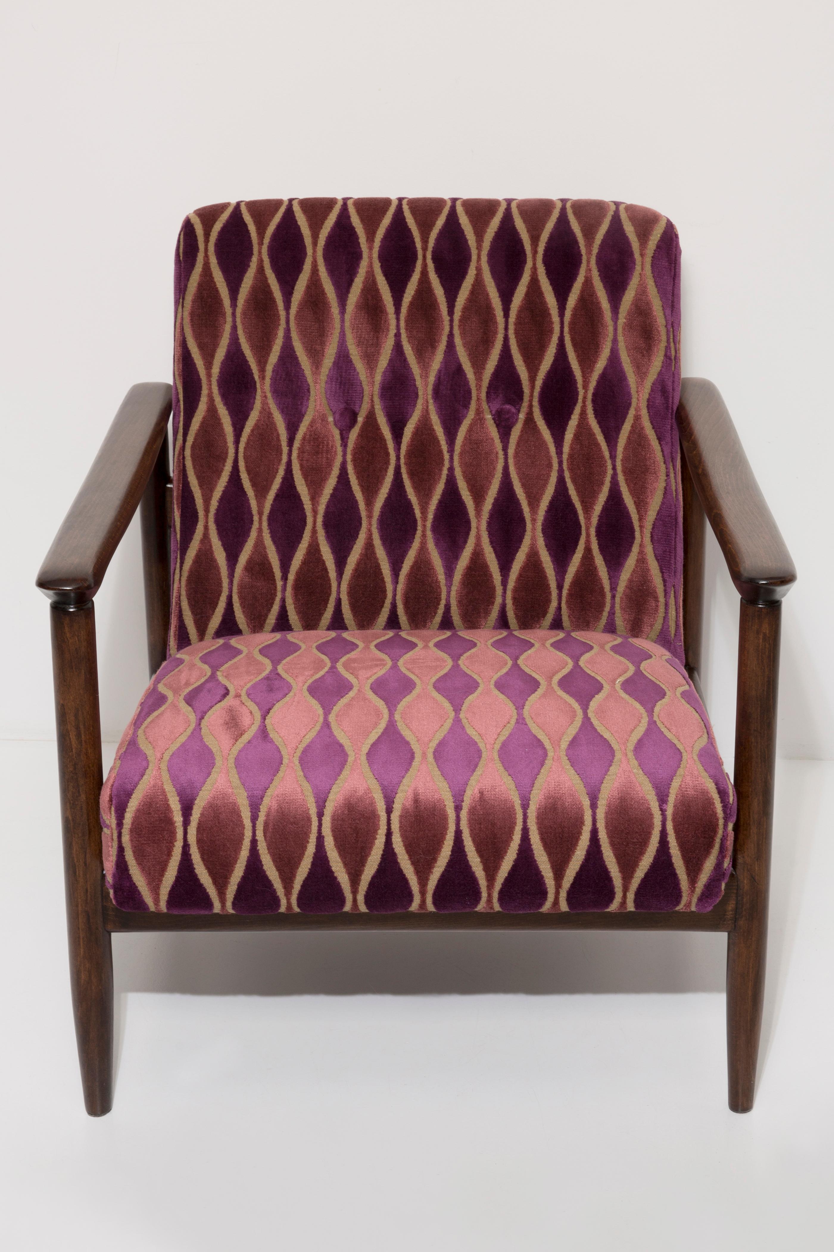 Polish Mid Century Armchair and Stool Pink Pattern Velvet, Edmund Homa, Europe, 1960s