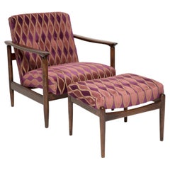 Mid Century Armchair and Stool Pink Pattern Velvet, Edmund Homa, Europe, 1960s