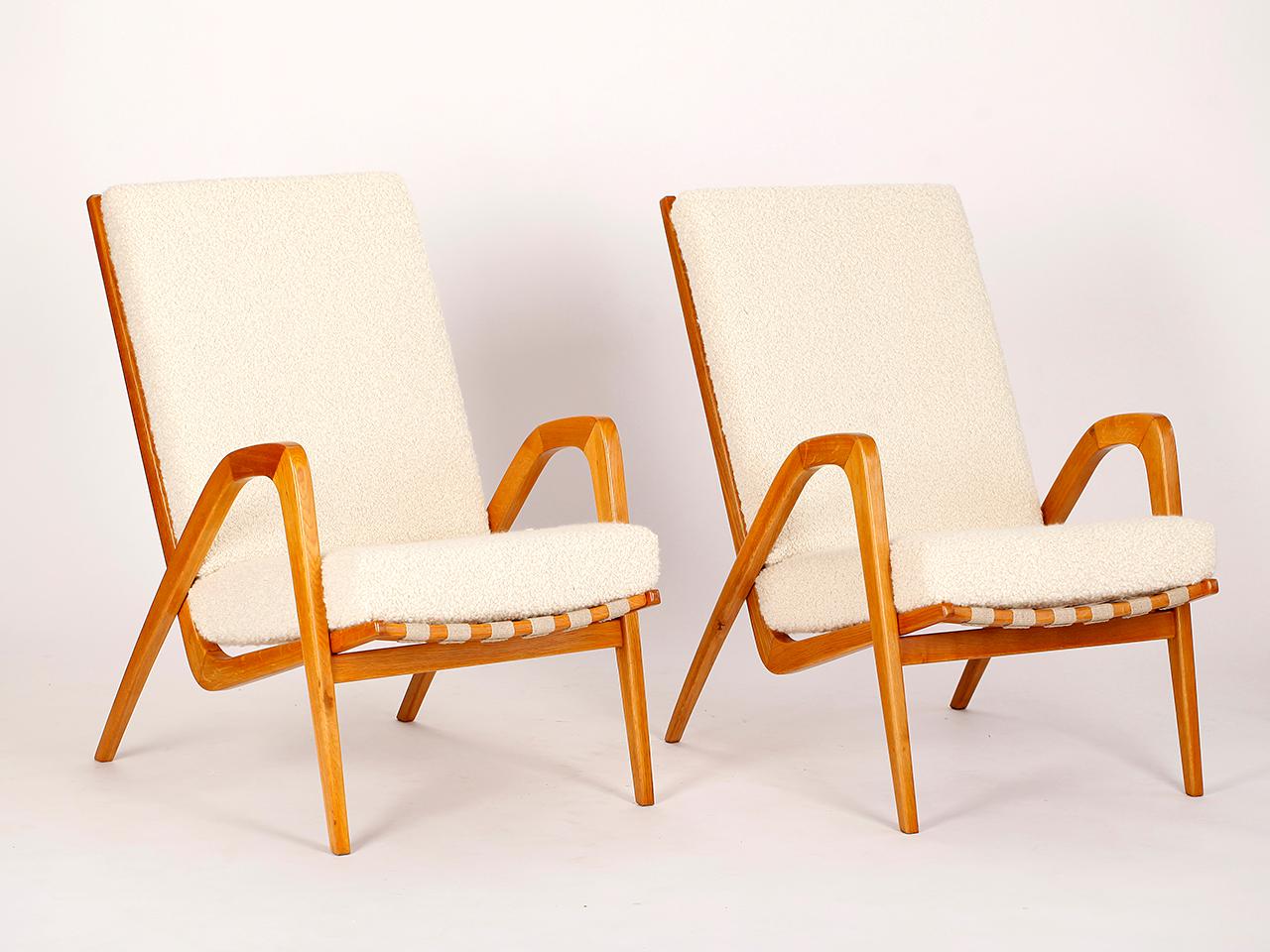 Rare armchairs by Jan Vanek from the 1960s. Newly varnished wooden parts, solid coconut fiber upholstery that complements the hemp straps. Fully restored. With a wonderfully soft cover made of wool and alpaca by the Italian company Dedar. This