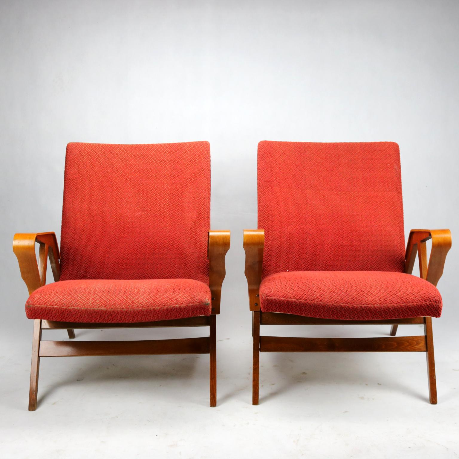 Armchairs produced by Tatra Nábytok Czechoslovakia, in the 1960s in original red upholstery.
The chairs are in a good vintage condition, upholstery is worn out, but wood is in a perfect condition.
Very comfortable model.
Price for one piece.
By
