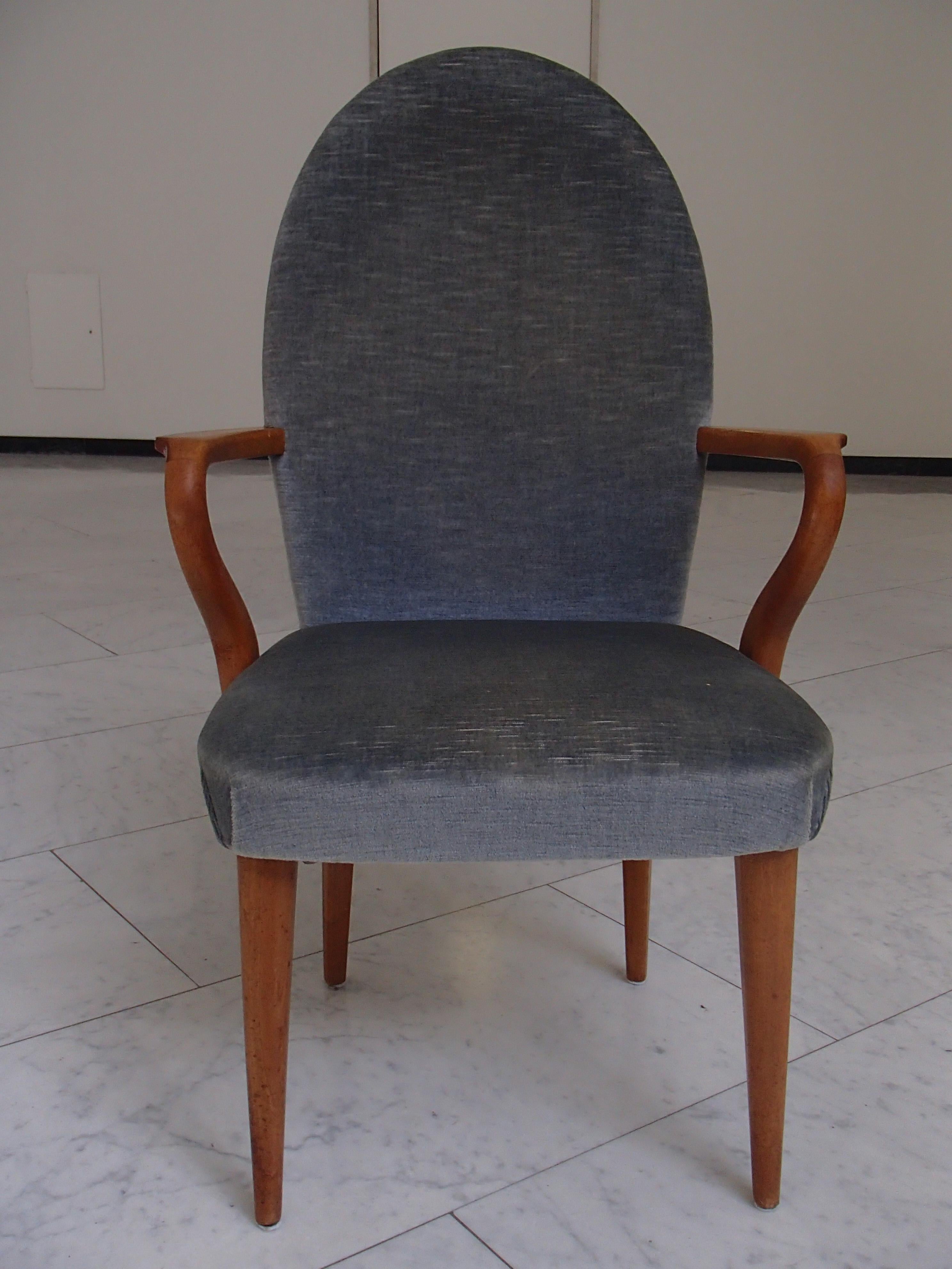Midcentury armchair greyblue velvet.