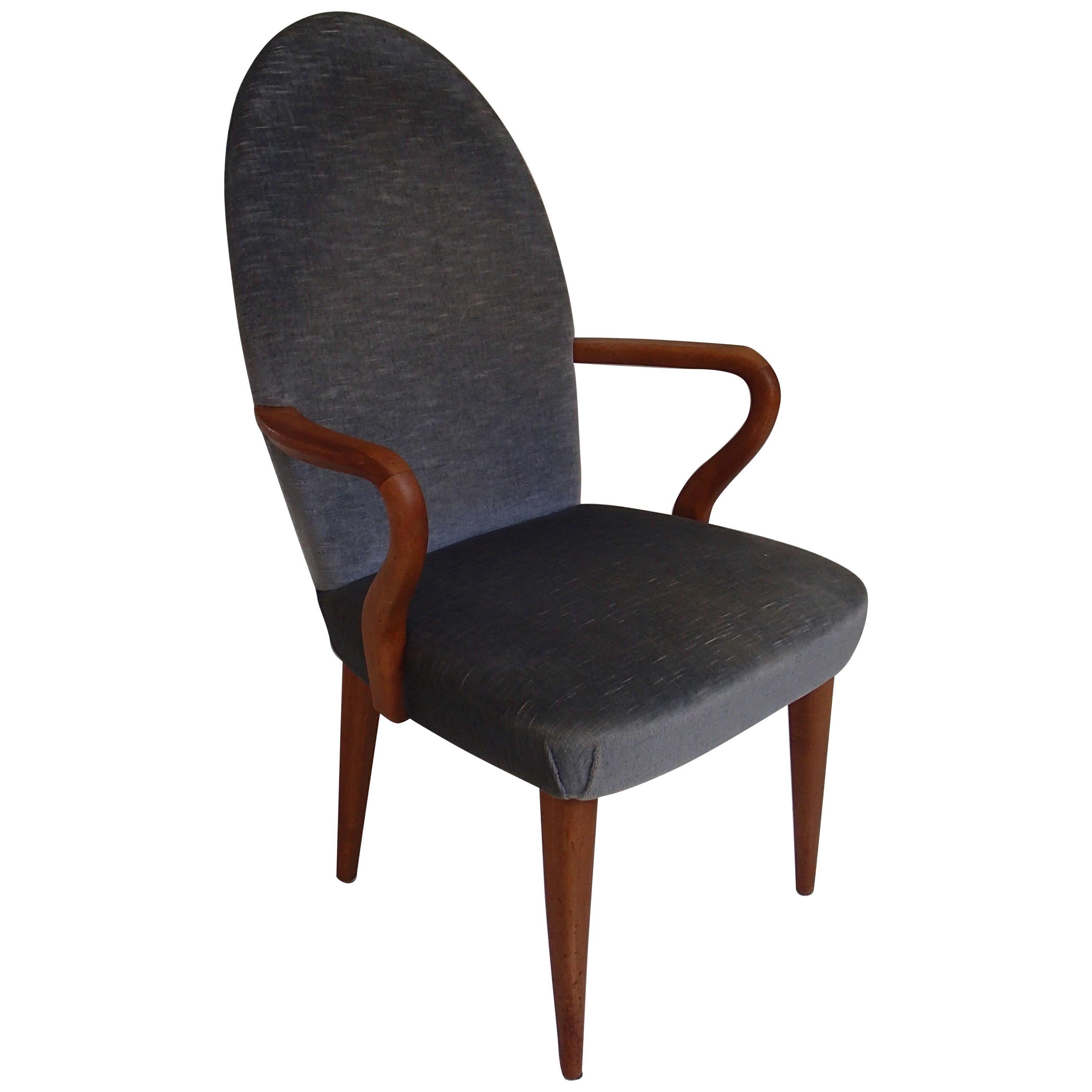 Midcentury Armchair Greyblue Velvet  For Sale