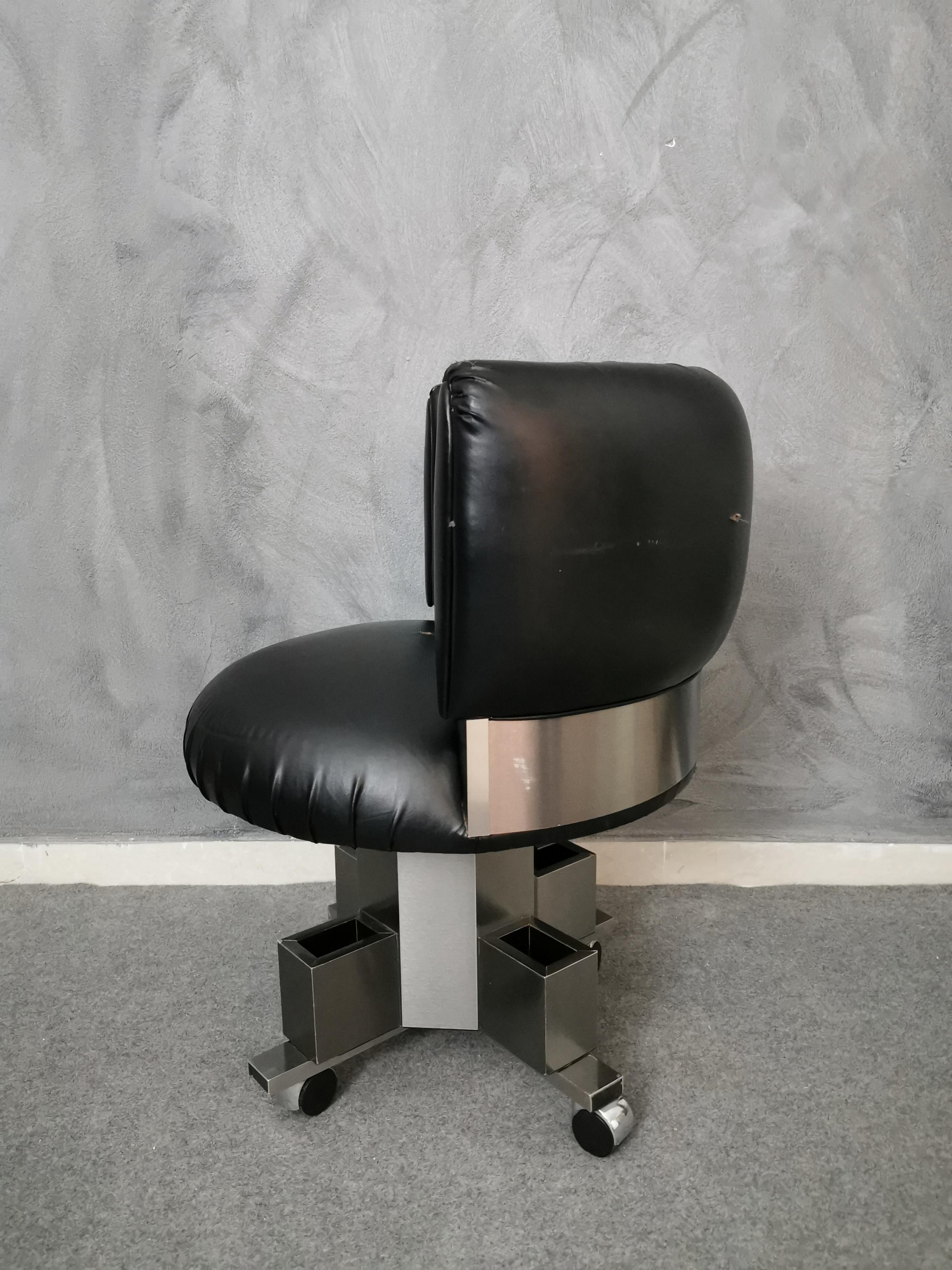 Mid-Century Modern Mid Century Curved Armchair Black Leather in the Style of Willy Rizzo 1970s 