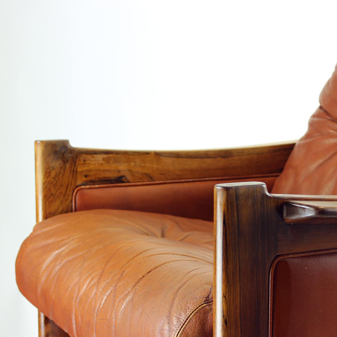 Mid-Century Modern Midcentury Armchair in Cognac Leather and Solid Rosewood, 1970s