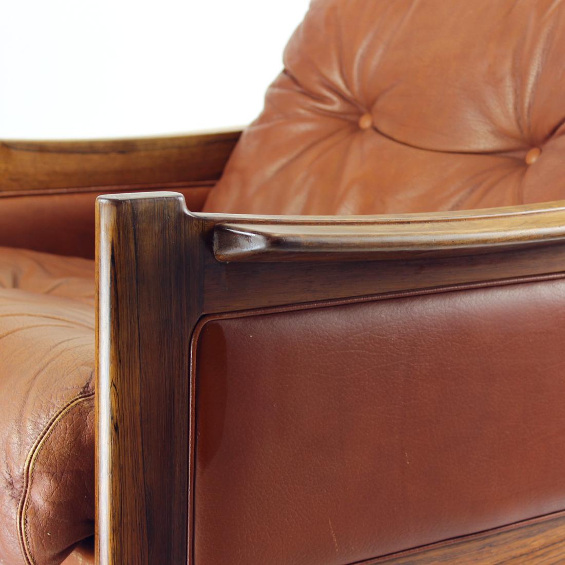 Czech Midcentury Armchair in Cognac Leather and Solid Rosewood, 1970s