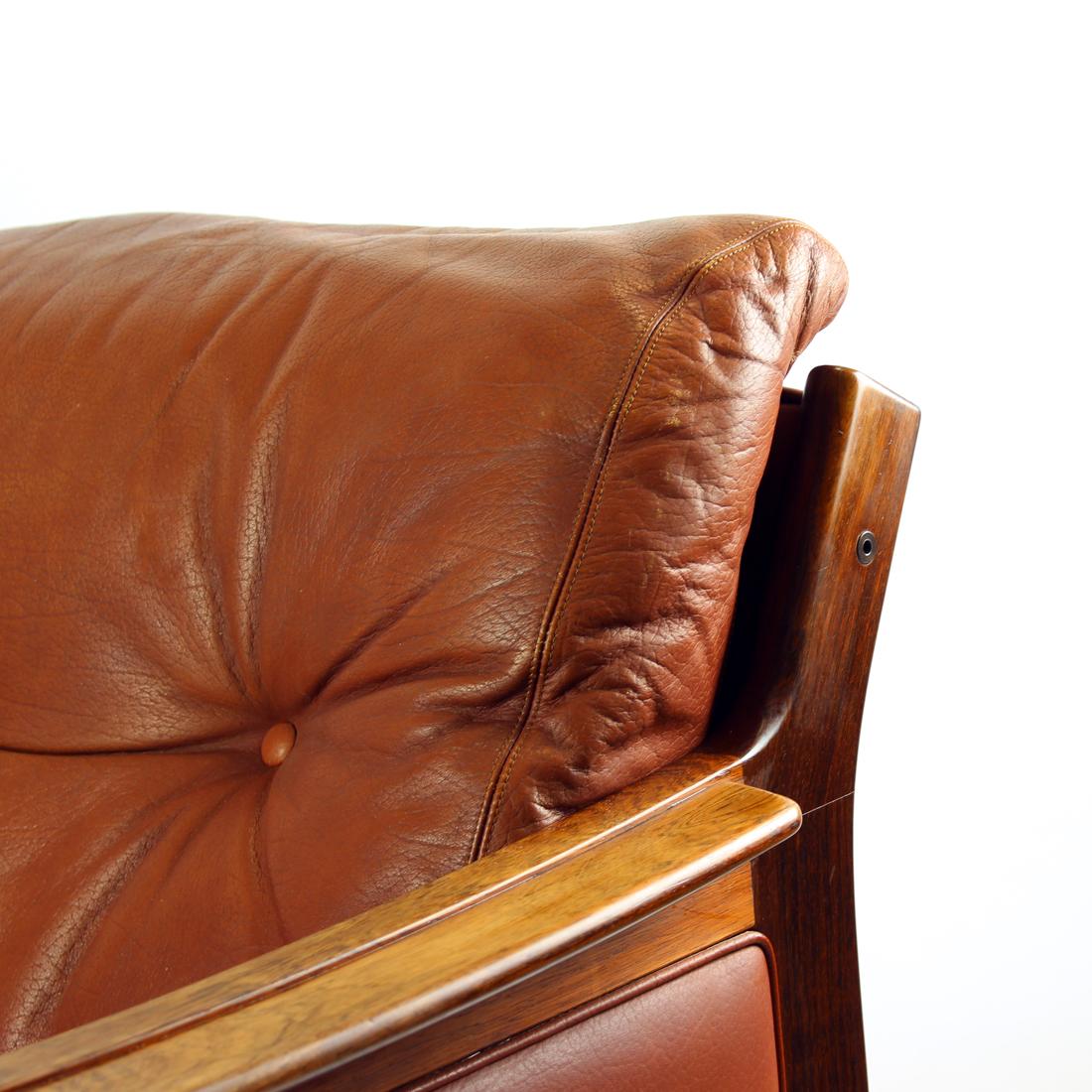 Late 20th Century Midcentury Armchair in Cognac Leather and Solid Rosewood, 1970s