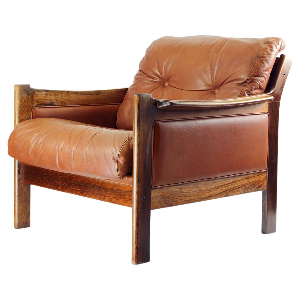 Midcentury Armchair in Cognac Leather and Solid Rosewood, 1970s