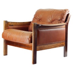 Mid Century Armchair In Cognac Leather And Solid Rosewood, 1970s