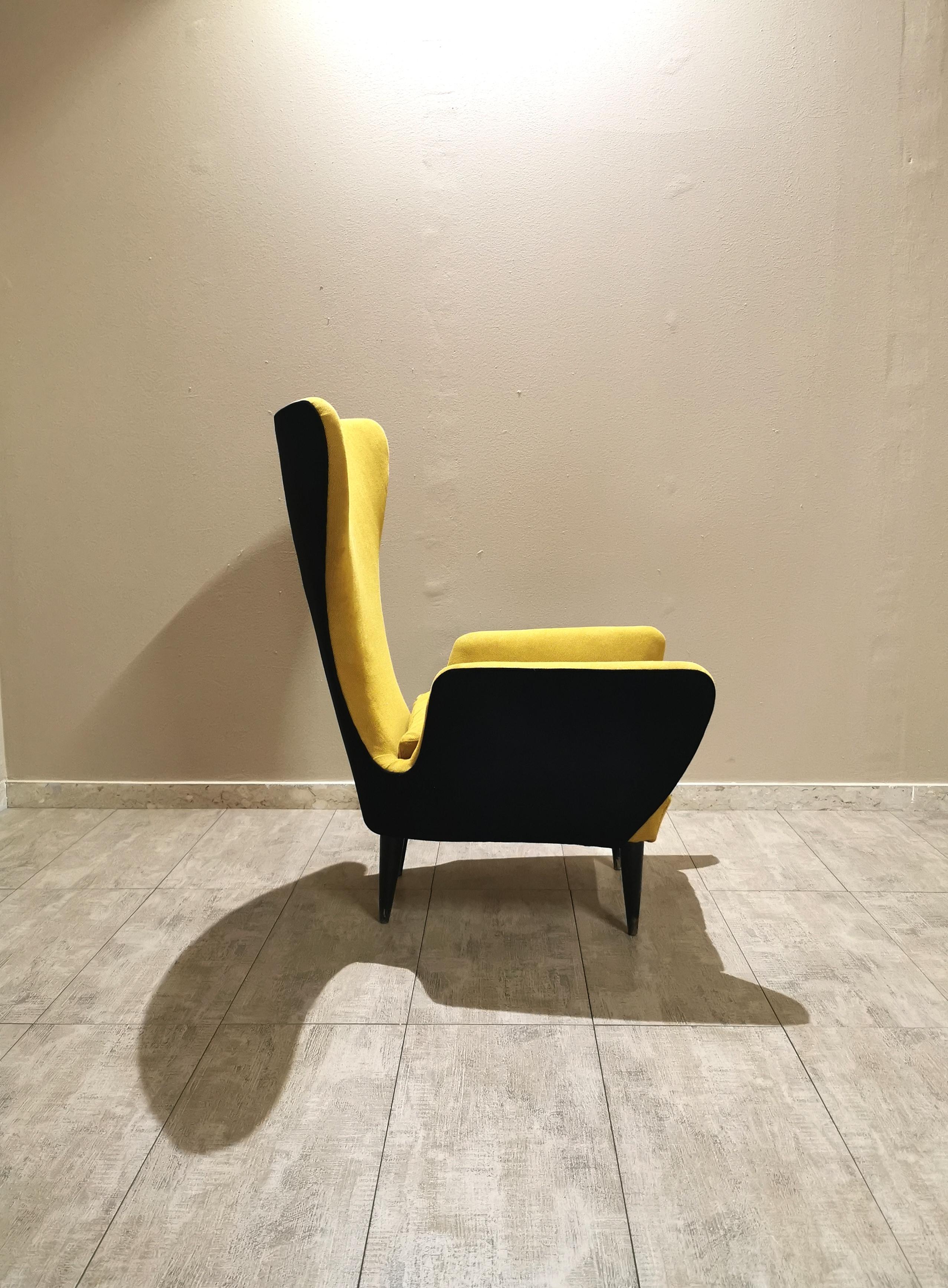 Mid-Century Modern  Armchair Black Yellow Fabric Wood  Emilia Sala Giorgio Madini Midcentury Italy
