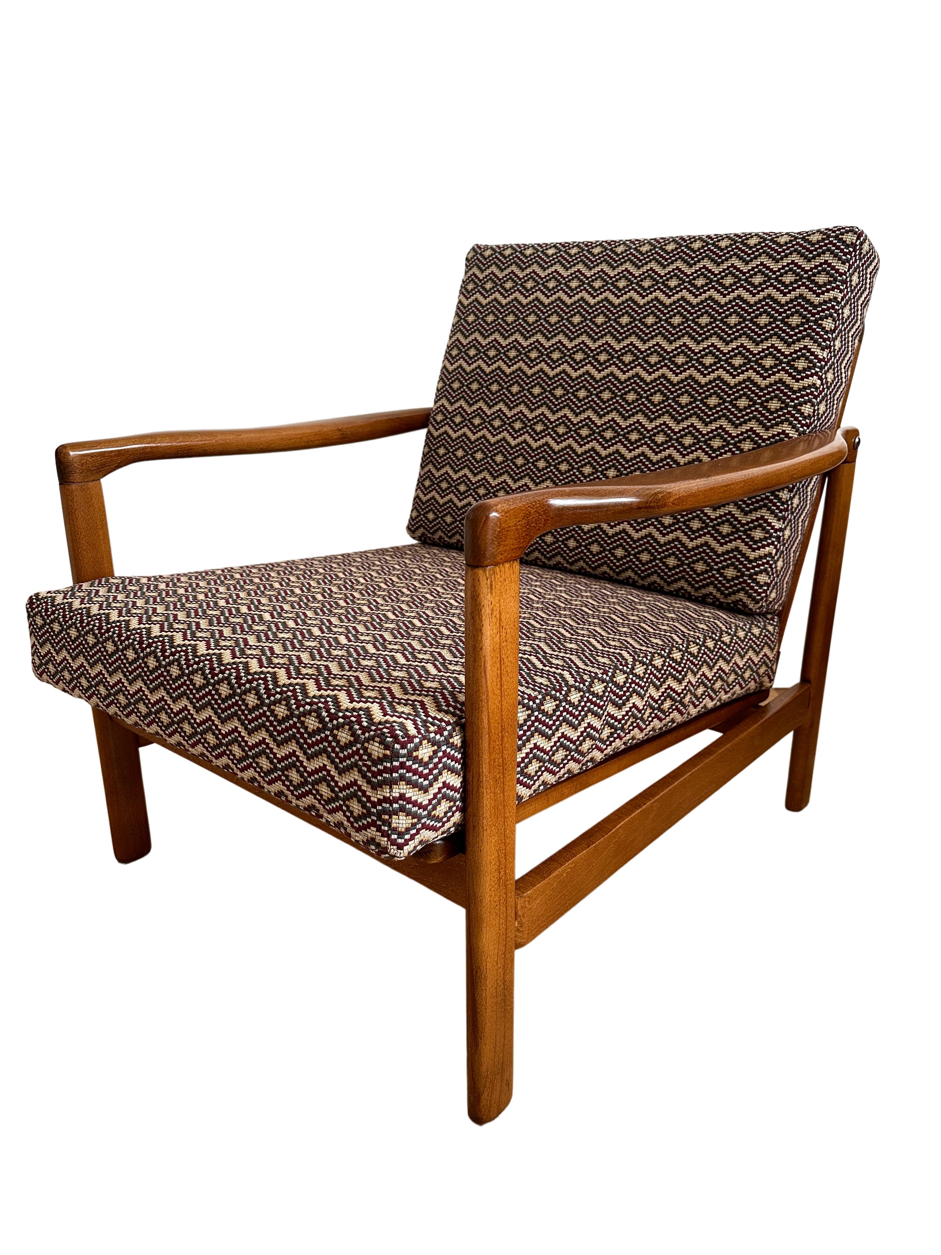 Polish Midcentury Armchair, in Geometric and Ethnic Fabric, Europe, 1960s For Sale
