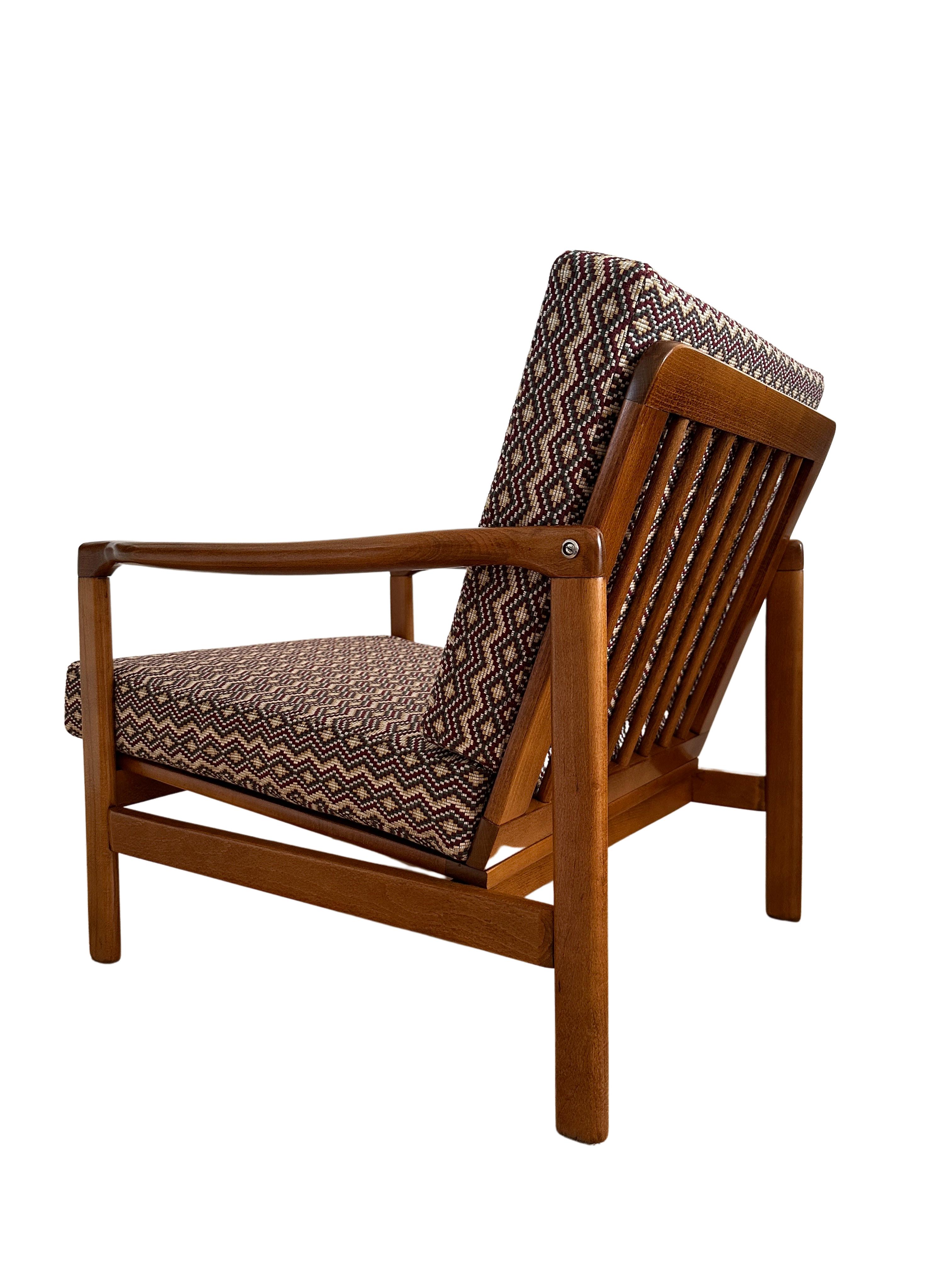 Hand-Crafted Midcentury Armchair, in Geometric and Ethnic Fabric, Europe, 1960s For Sale