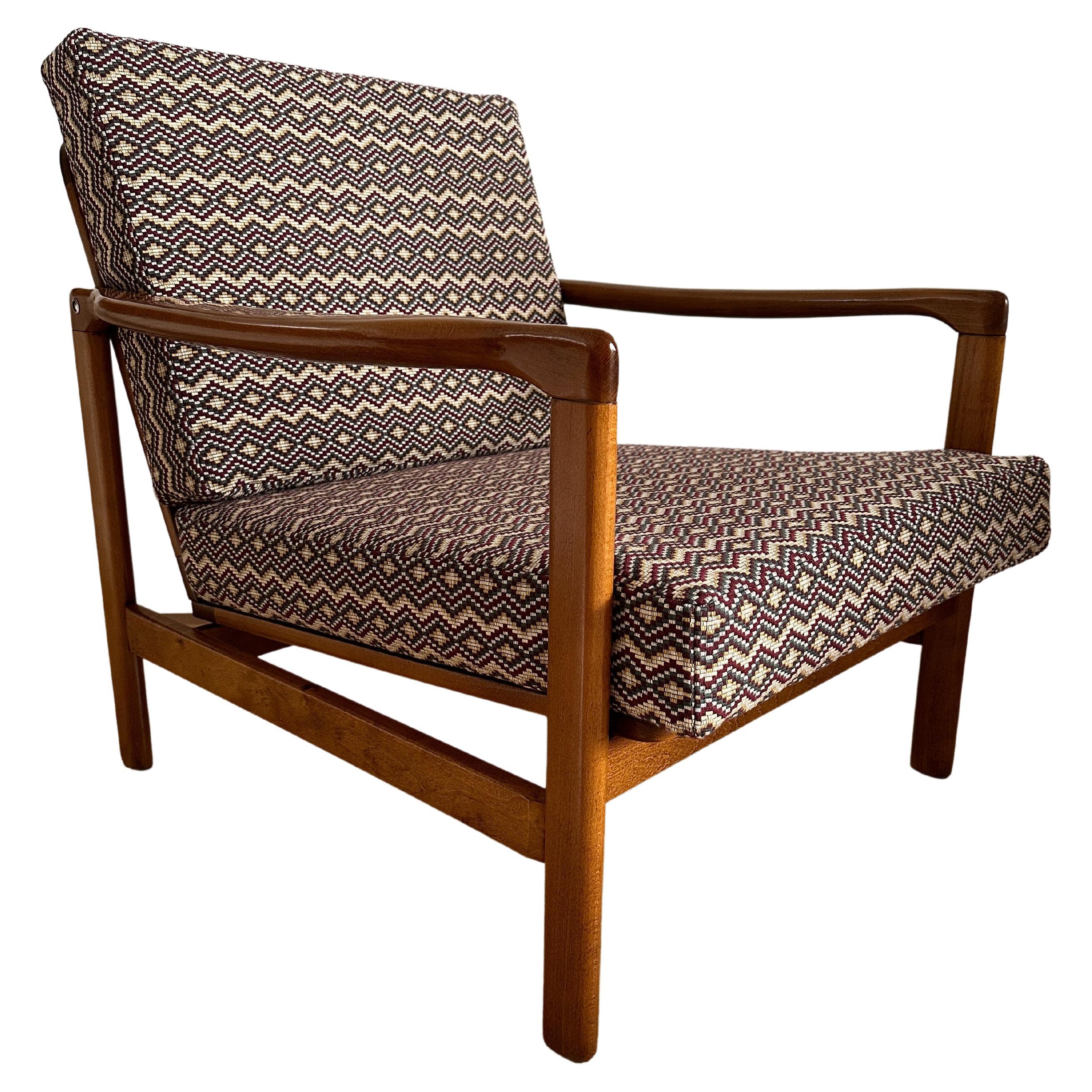 Midcentury Armchair, in Geometric and Ethnic Fabric, Europe, 1960s For Sale