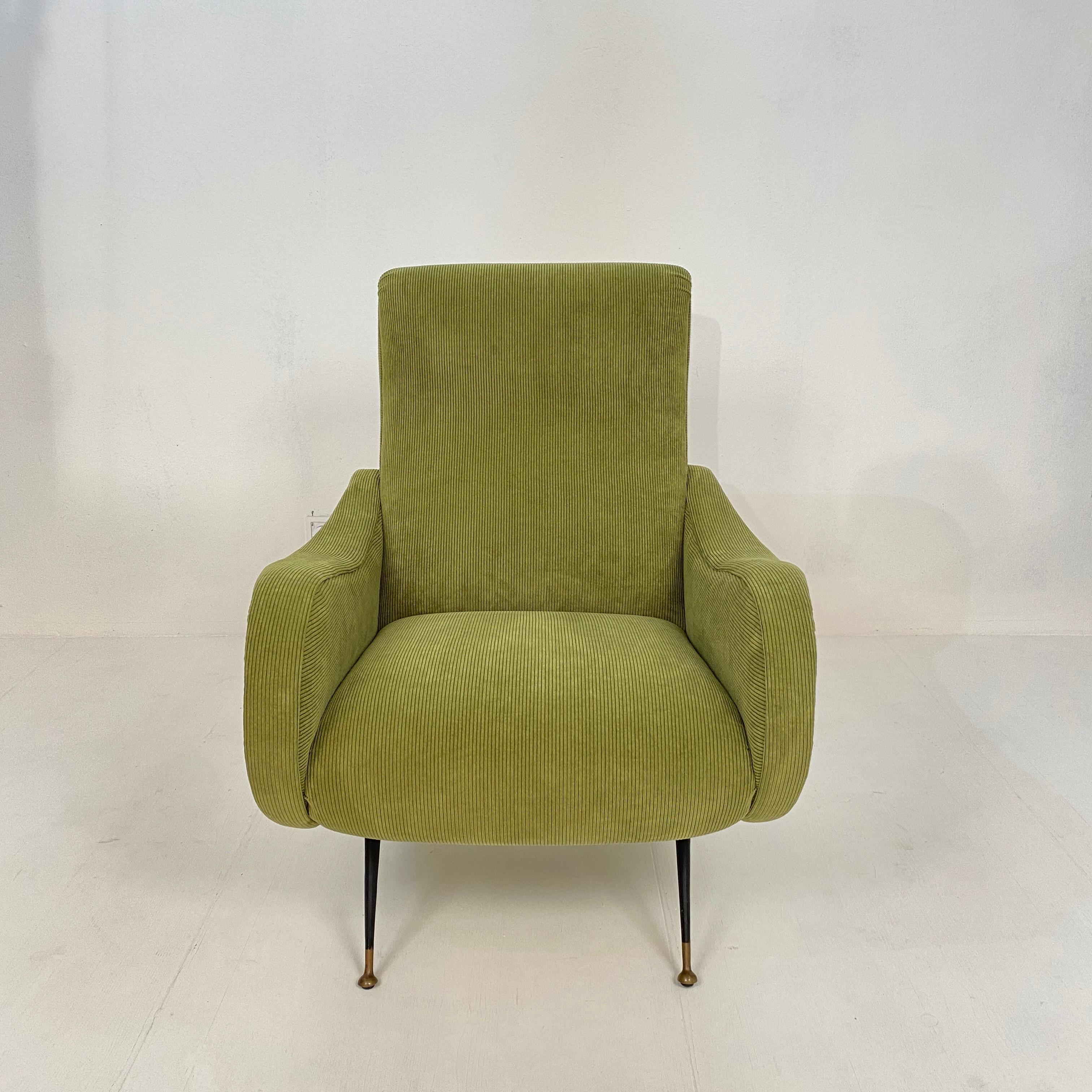 Mid-Century Modern Mid Century Italian Armchair in the Style of Marco Zanuso in Green Cord, 1950