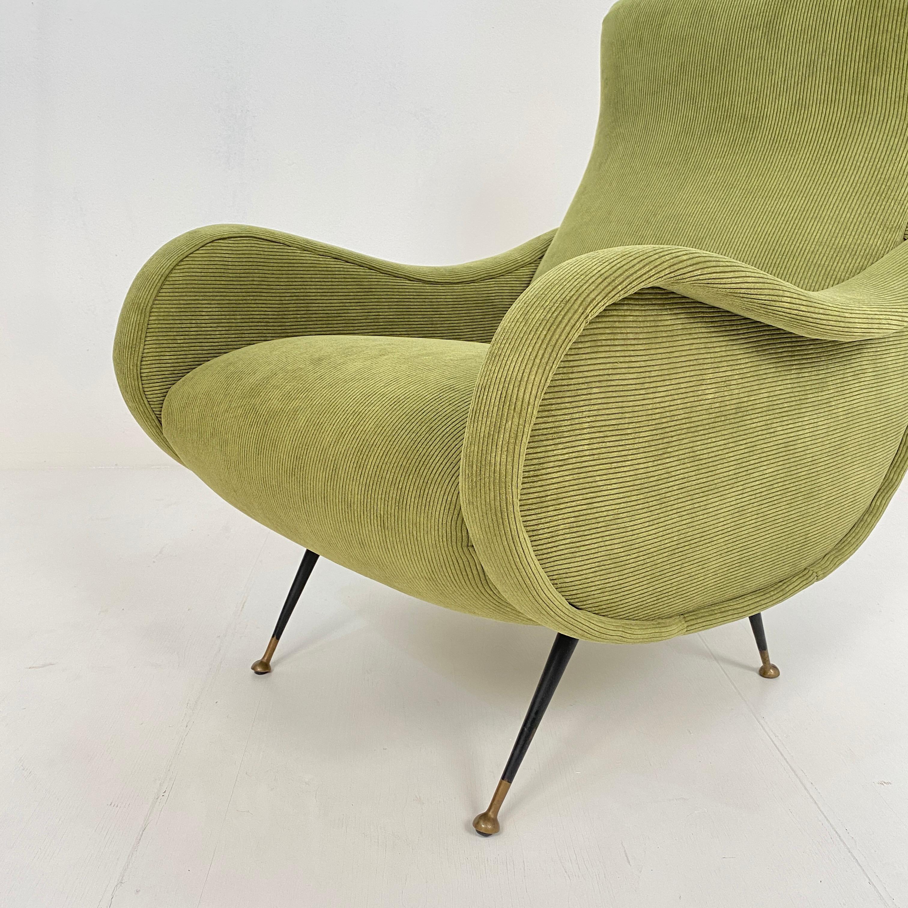 Mid-20th Century Mid Century Italian Armchair in the Style of Marco Zanuso in Green Cord, 1950