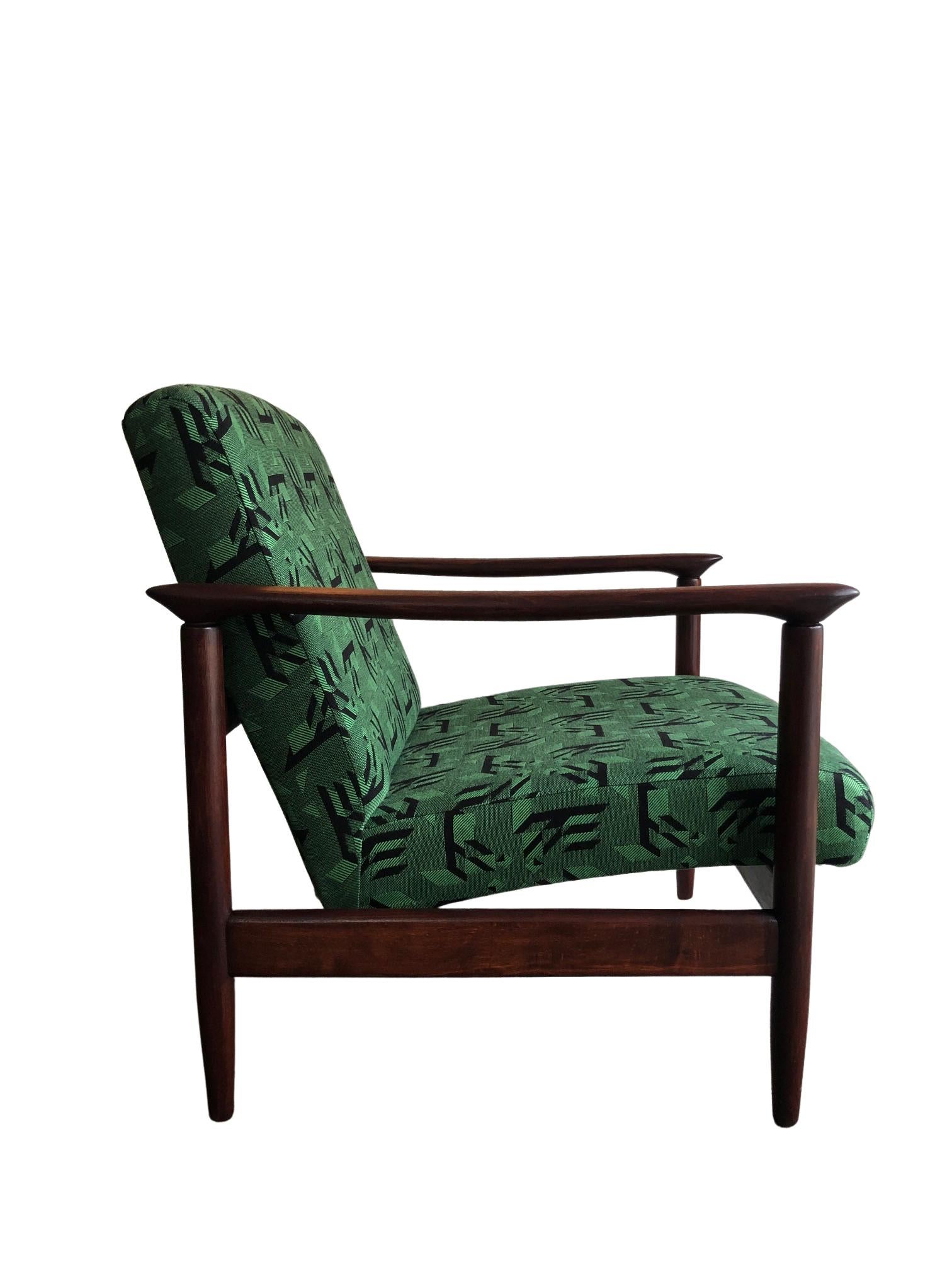 Polish Mid Century Armchair in Green Jacquard, by Edmund Homa, 1960s For Sale