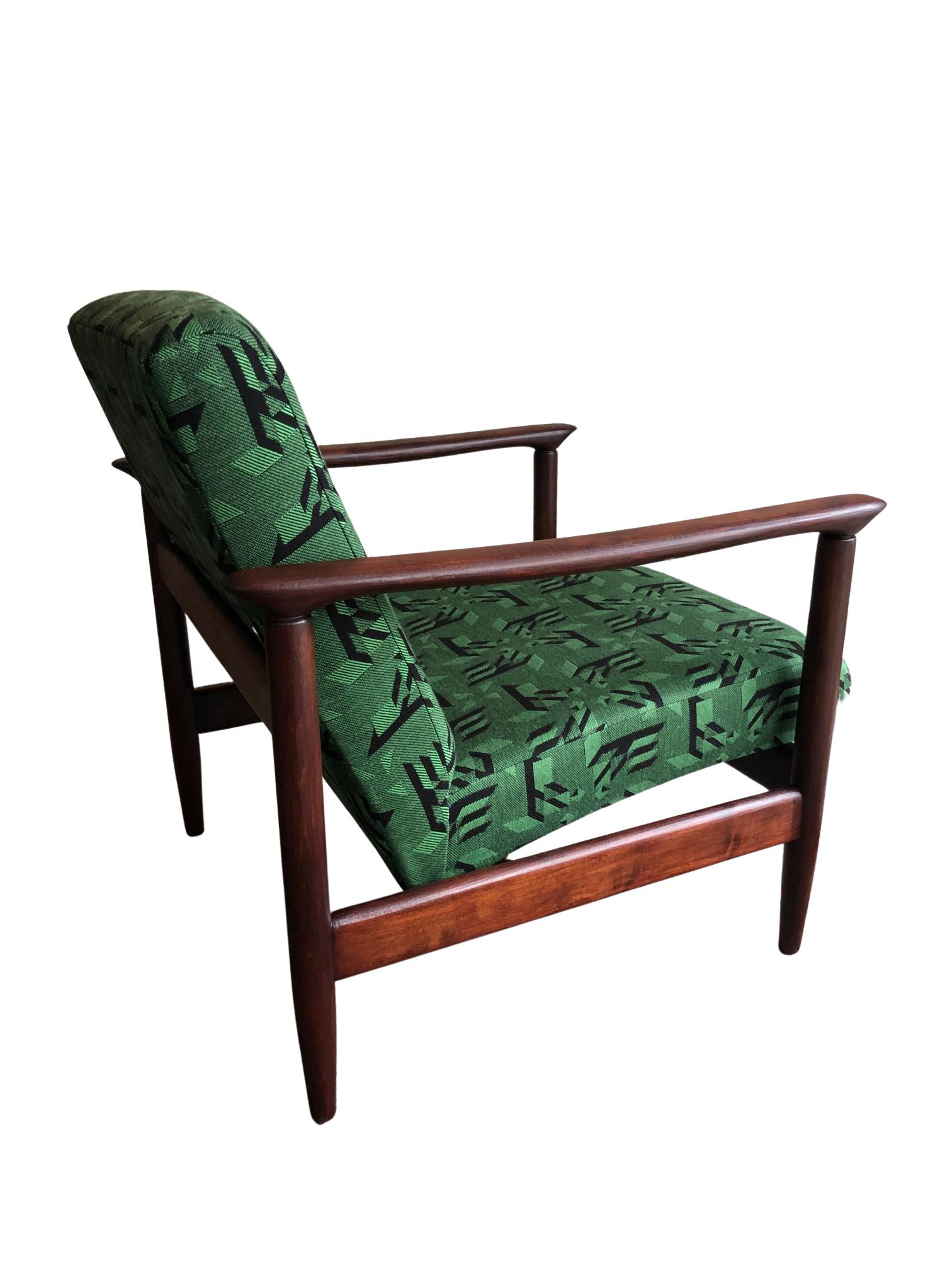 Hand-Crafted Mid Century Armchair in Green Jacquard, by Edmund Homa, 1960s For Sale
