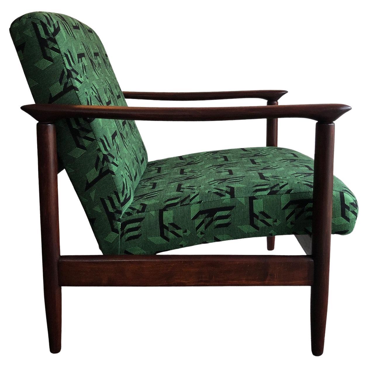 Mid Century Armchair in Green Jacquard, by Edmund Homa, 1960s For Sale