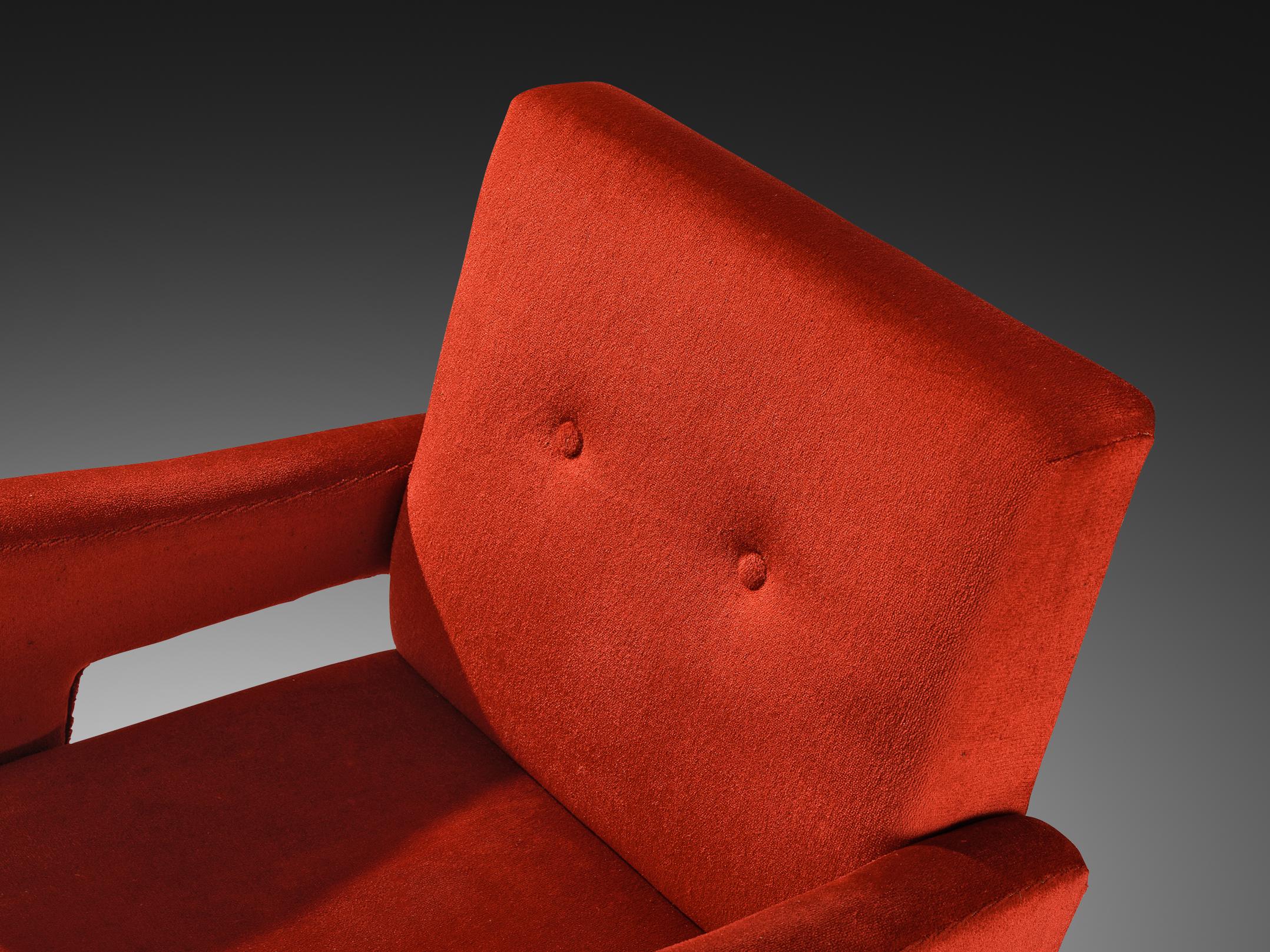 Mid-20th Century Mid-Century Armchair in Red Velvet Upholstery For Sale