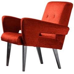 Mid-Century Armchair in Red Velvet Upholstery