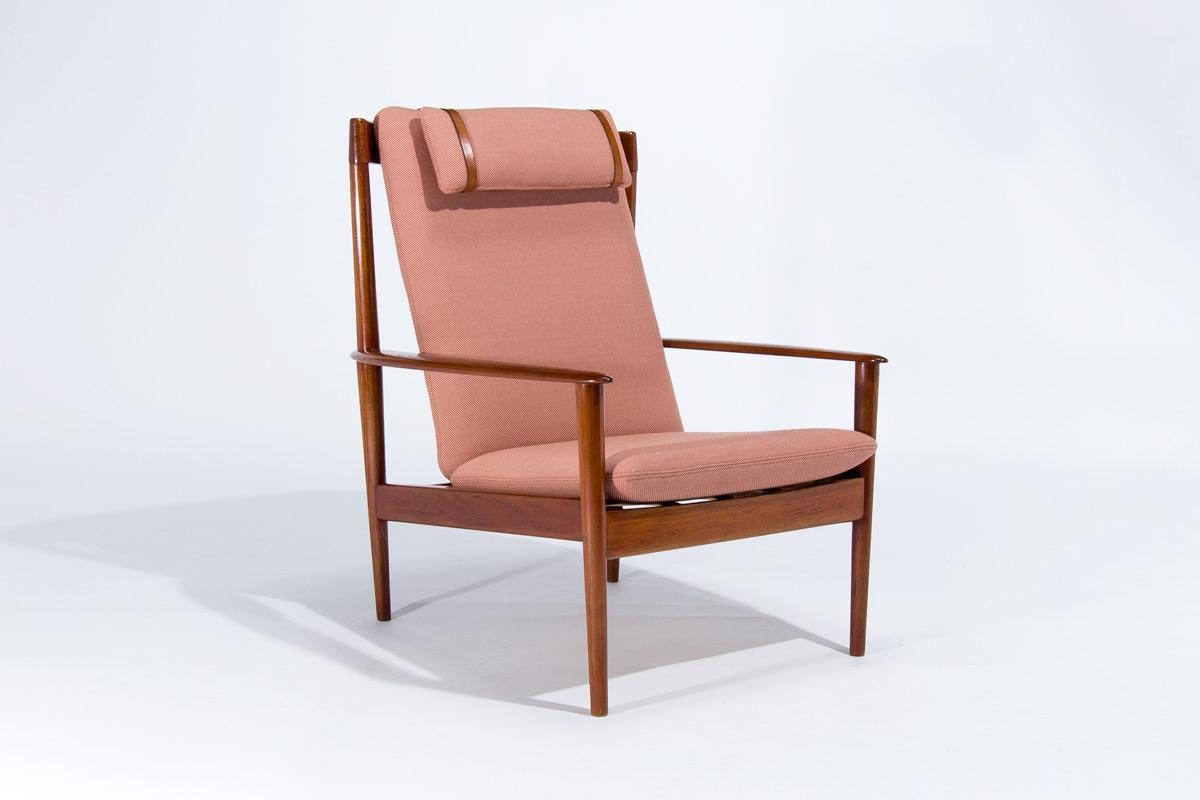 An early Grete Jalk armchair model PJ 56 in teak, Danish 1950’s. Beautiful colour and patina to the teak frame matched perfectly by the terracotta Twill Weave fabric from Kvadrat.

The chair has had the old damaged finish removed teak oiled,