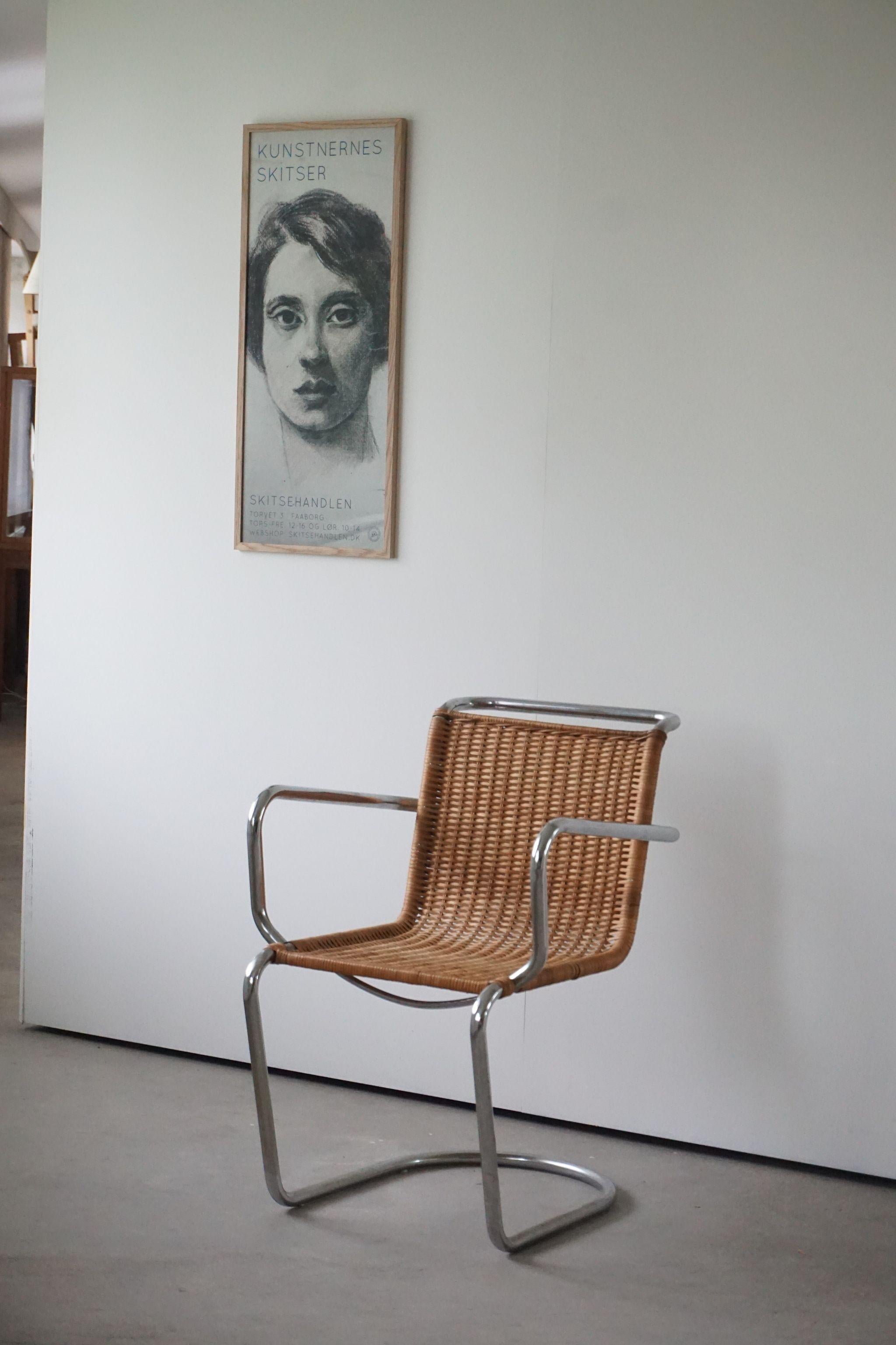 Mid Century Armchair in Wicker and Steel, Bauhaus Style, 1940s 1