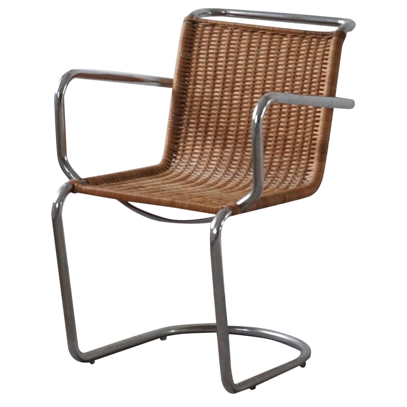 Mid Century Armchair in Wicker and Steel, Bauhaus Style, 1940s