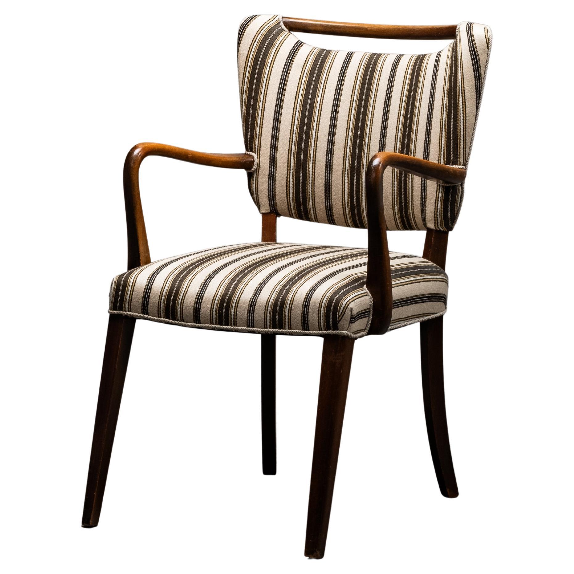 Mid-Century Armchair with Original Striped Wool Upholstery, Danish Designer