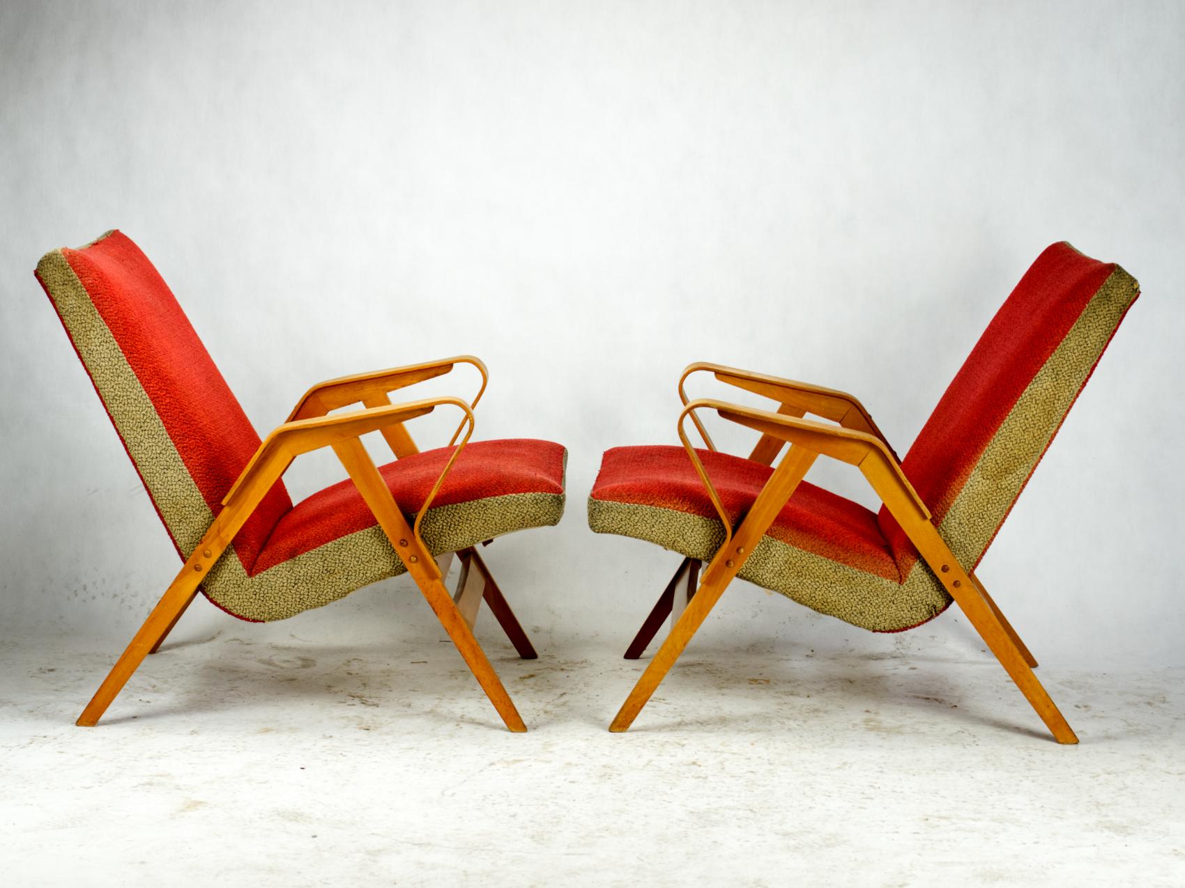 Armchairs produced by Tatra Nábytok Czechoslovakia, in the 1960s in original upholstery.
The chairs are in a good vintage condition, upholstery is faded and worn out, wood is in good condition.
Very comfortable larger model with original