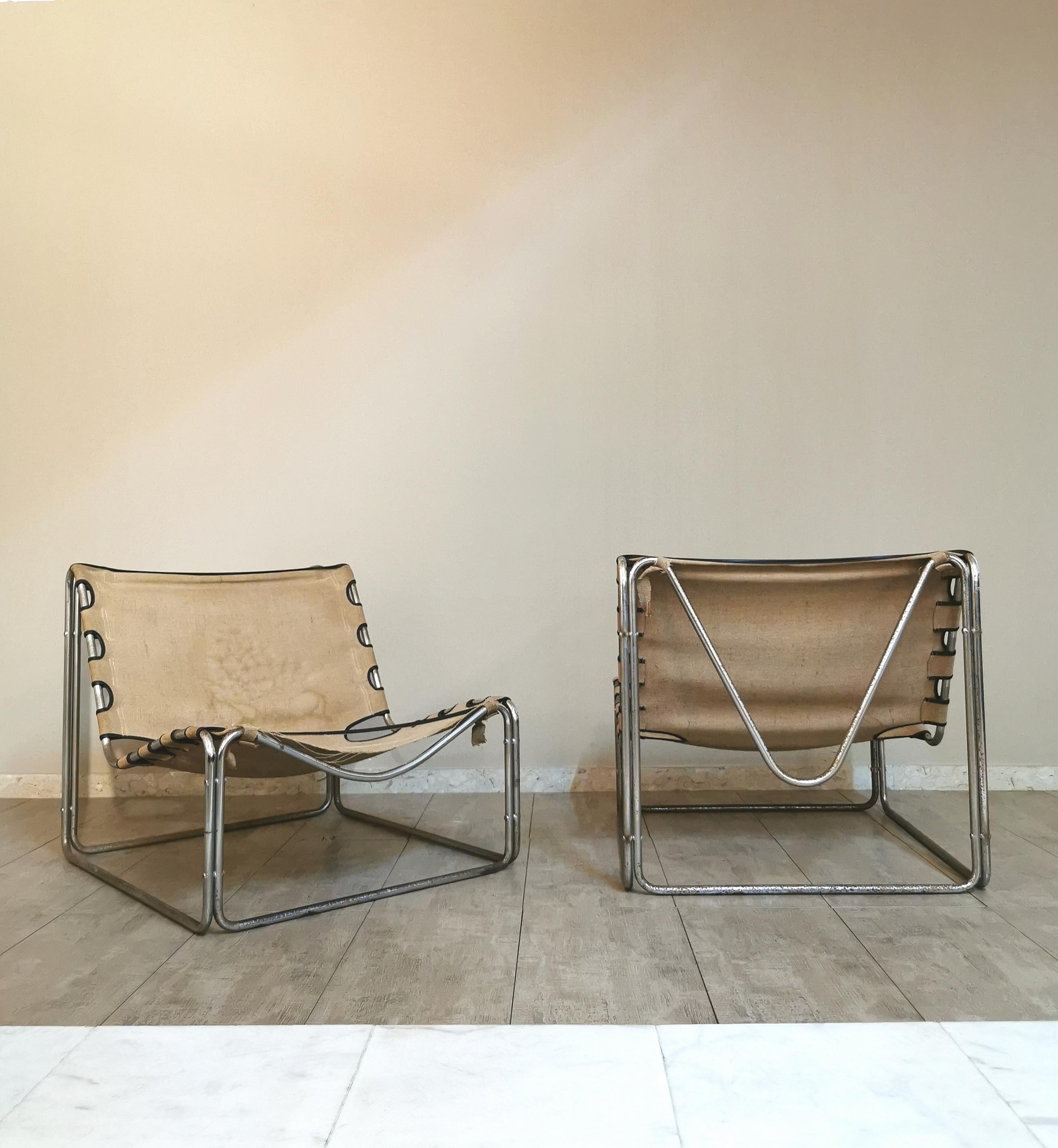 French Mid Century Armchairs Chromed Metal Canvas by Pascal Mourgue France 60s Set of 2