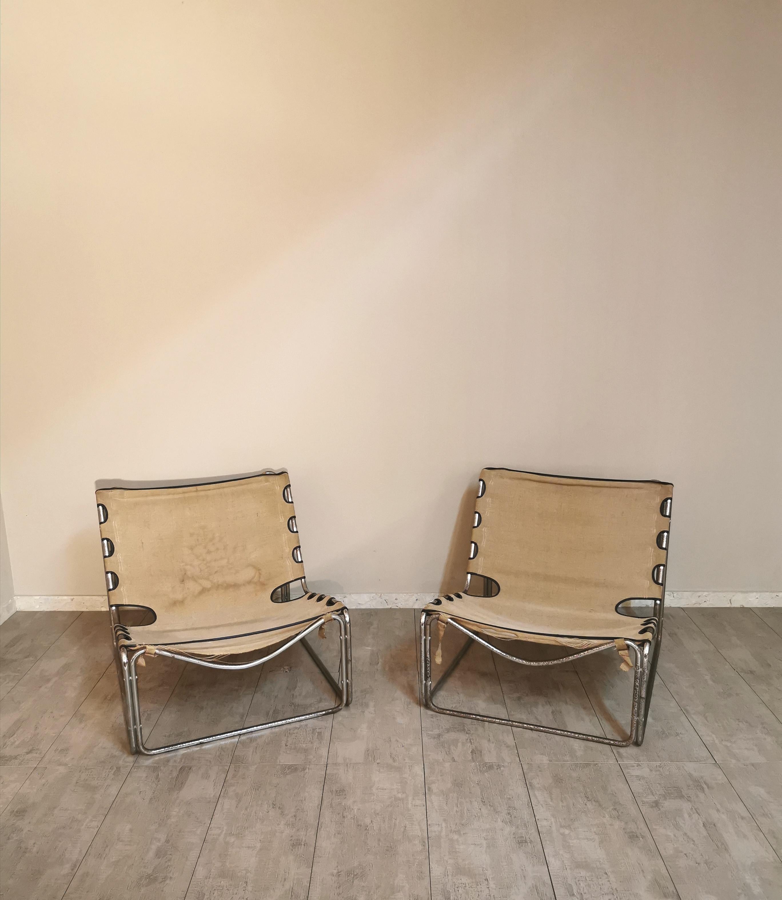 Mid Century Armchairs Chromed Metal Canvas by Pascal Mourgue France 60s Set of 2 In Distressed Condition In Palermo, IT