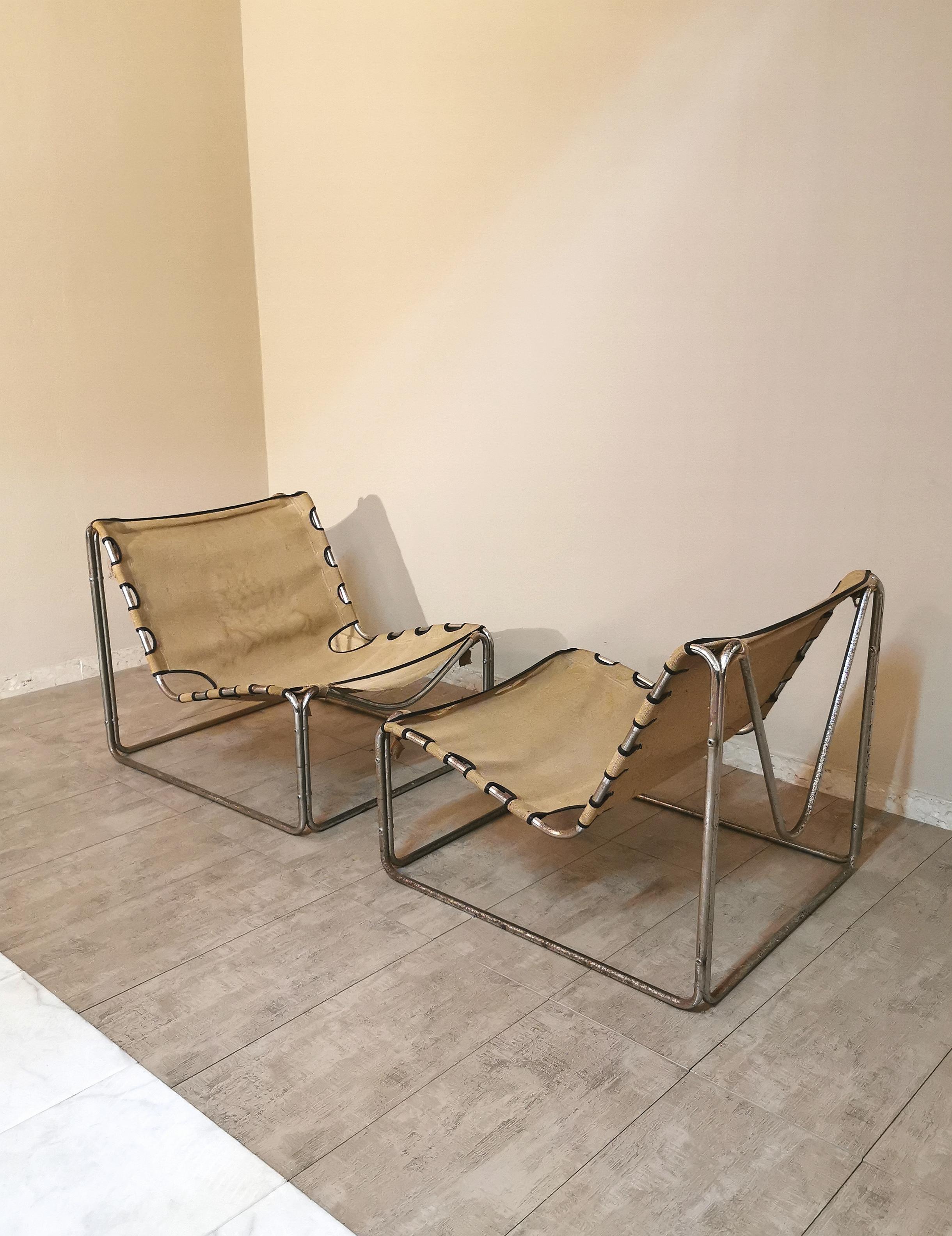 20th Century Mid Century Armchairs Chromed Metal Canvas by Pascal Mourgue France 60s Set of 2