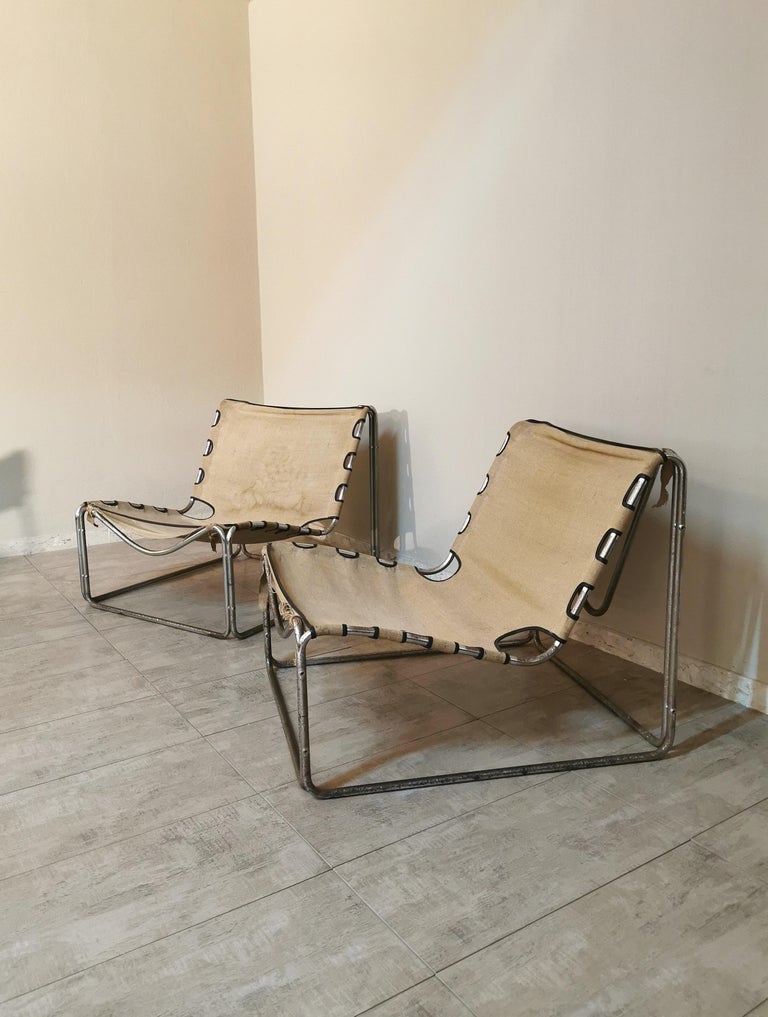 Mid Century Armchairs Chromed Metal Canvas by Pascal Mourgue France 60s Set of 2 For Sale 1