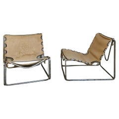 Mid Century Armchairs Chromed Metal Canvas by Pascal Mourgue France 60s Set of 2