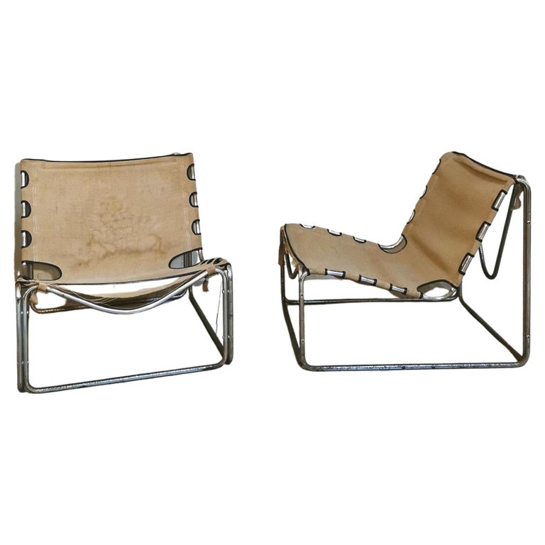 Mid Century Armchairs Chromed Metal Canvas by Pascal Mourgue France 60s Set of 2 For Sale