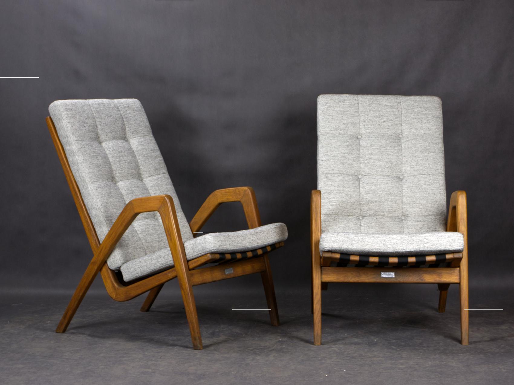 The armchairs were designed in the 1950s by the Czech architect Ján Vanek for the ULUV (headquarters of Folk Art) in Czechoslovakia. The armchairs were in the inventory of Czechoslovak state film (Czechoslovak film studios 1948-1956).
The armchairs