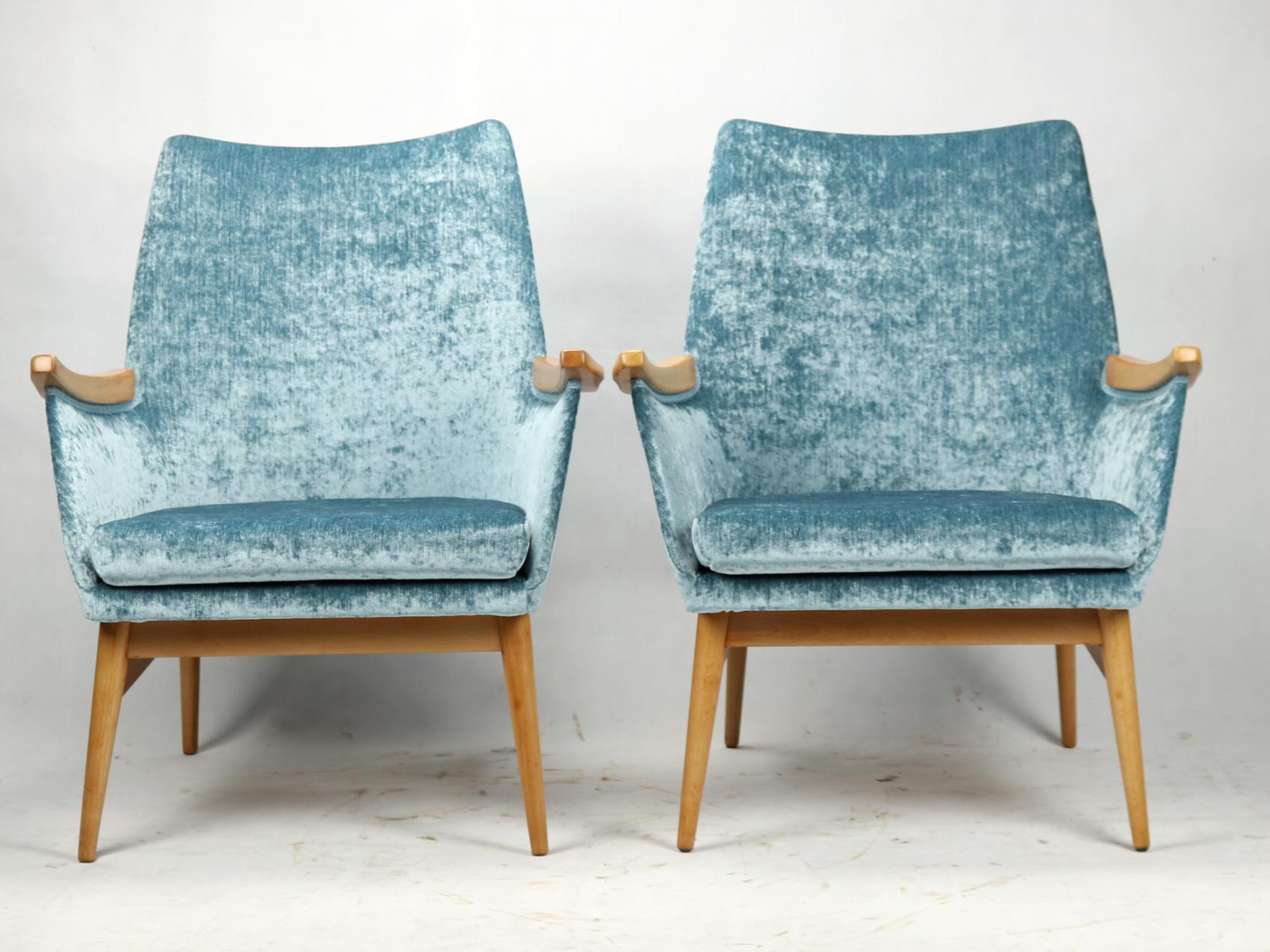 Fully restored mid-century Hungarian armchairs with new upholstery.
 